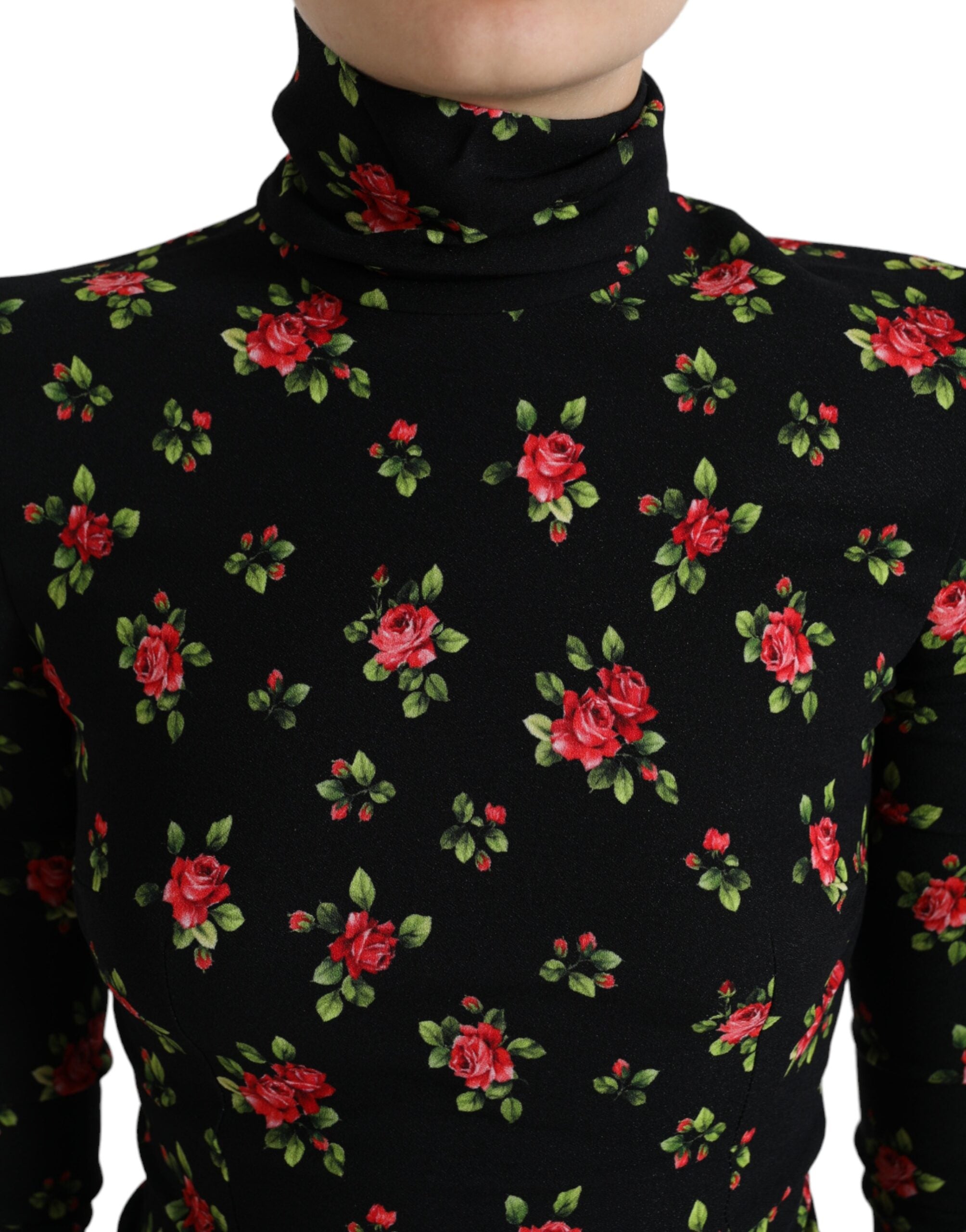 Black Rose Print Turtle Neck Blouse Top - ventzia