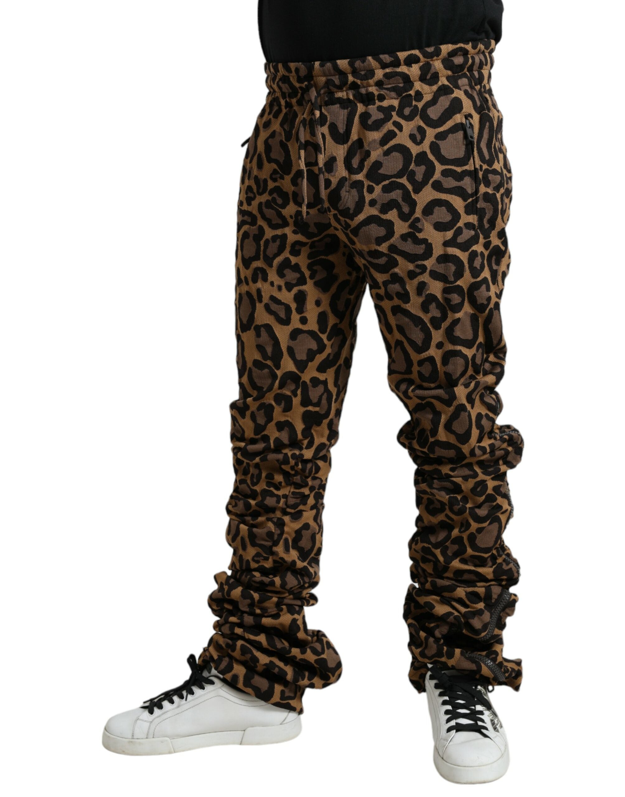 Brown Leopard Jacquard Jogger Pants - ventzia