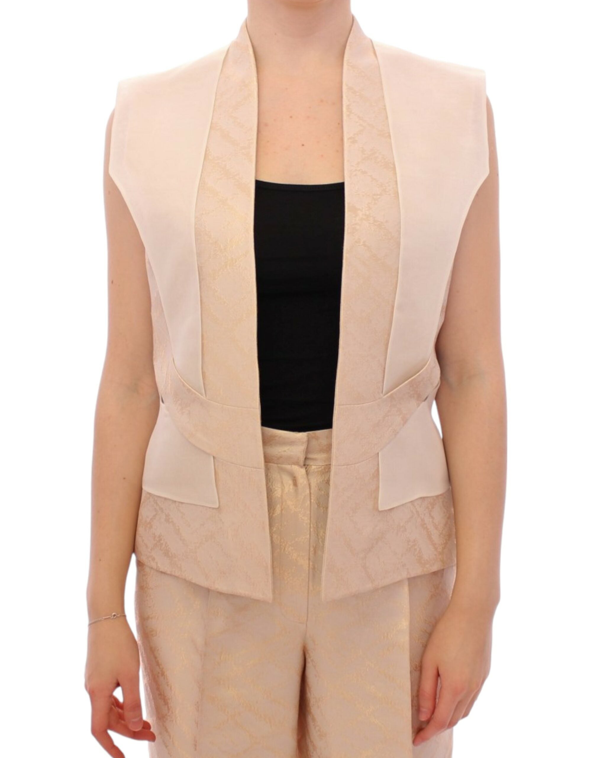 Exclusive Beige Brocade Sleeveless Vest - ventzia