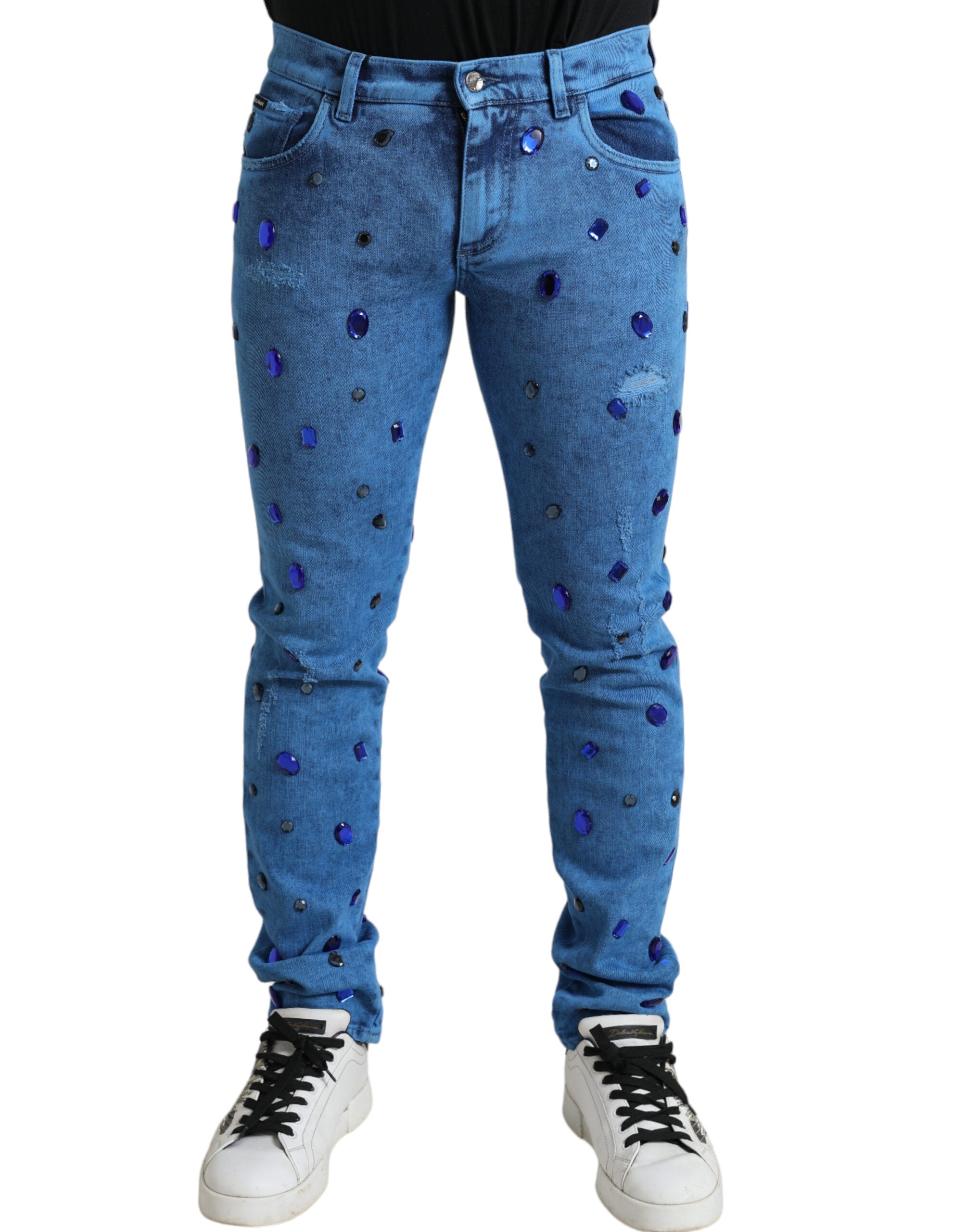 Blue Crystal Embellished Skinny Denim Jeans - ventzia