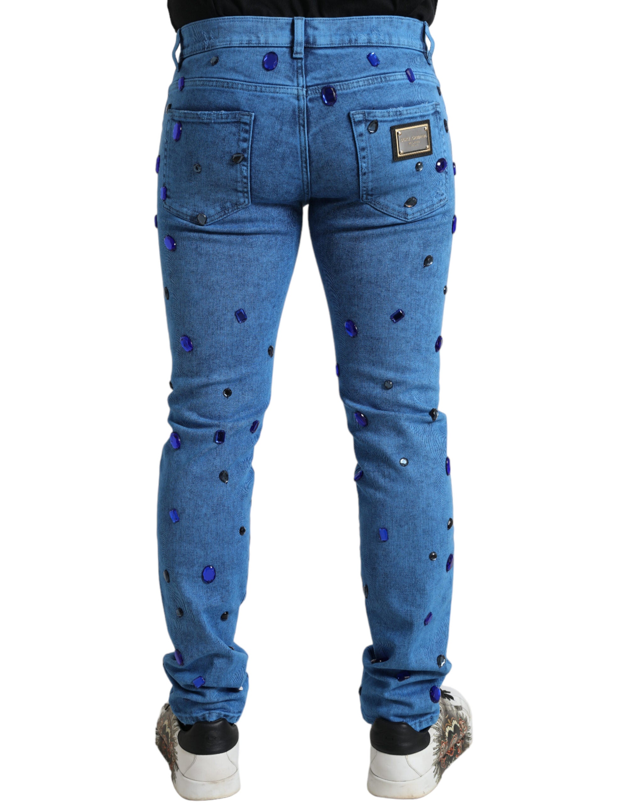 Blue Crystal Embellished Skinny Denim Jeans - ventzia
