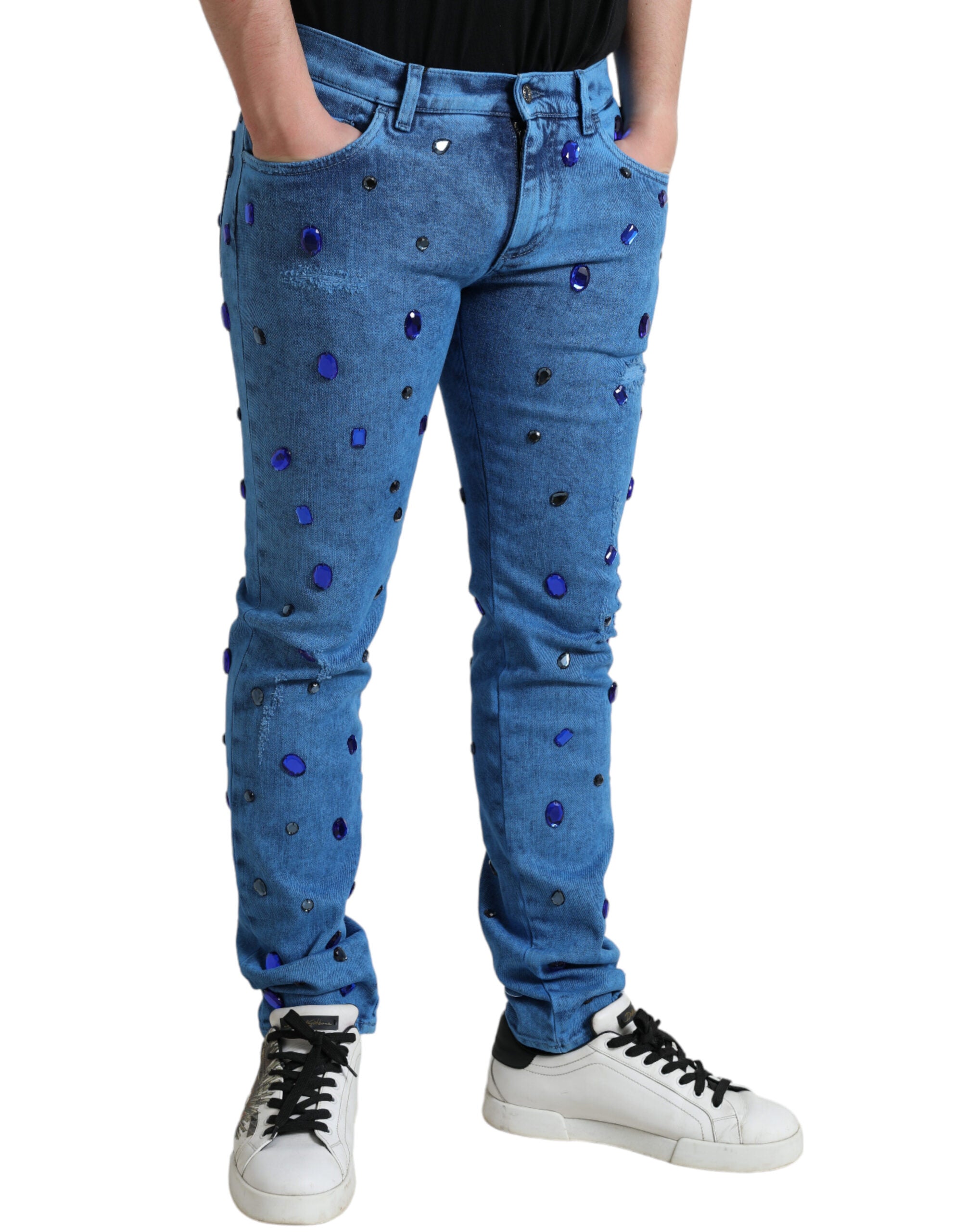 Blue Crystal Embellished Skinny Denim Jeans - ventzia