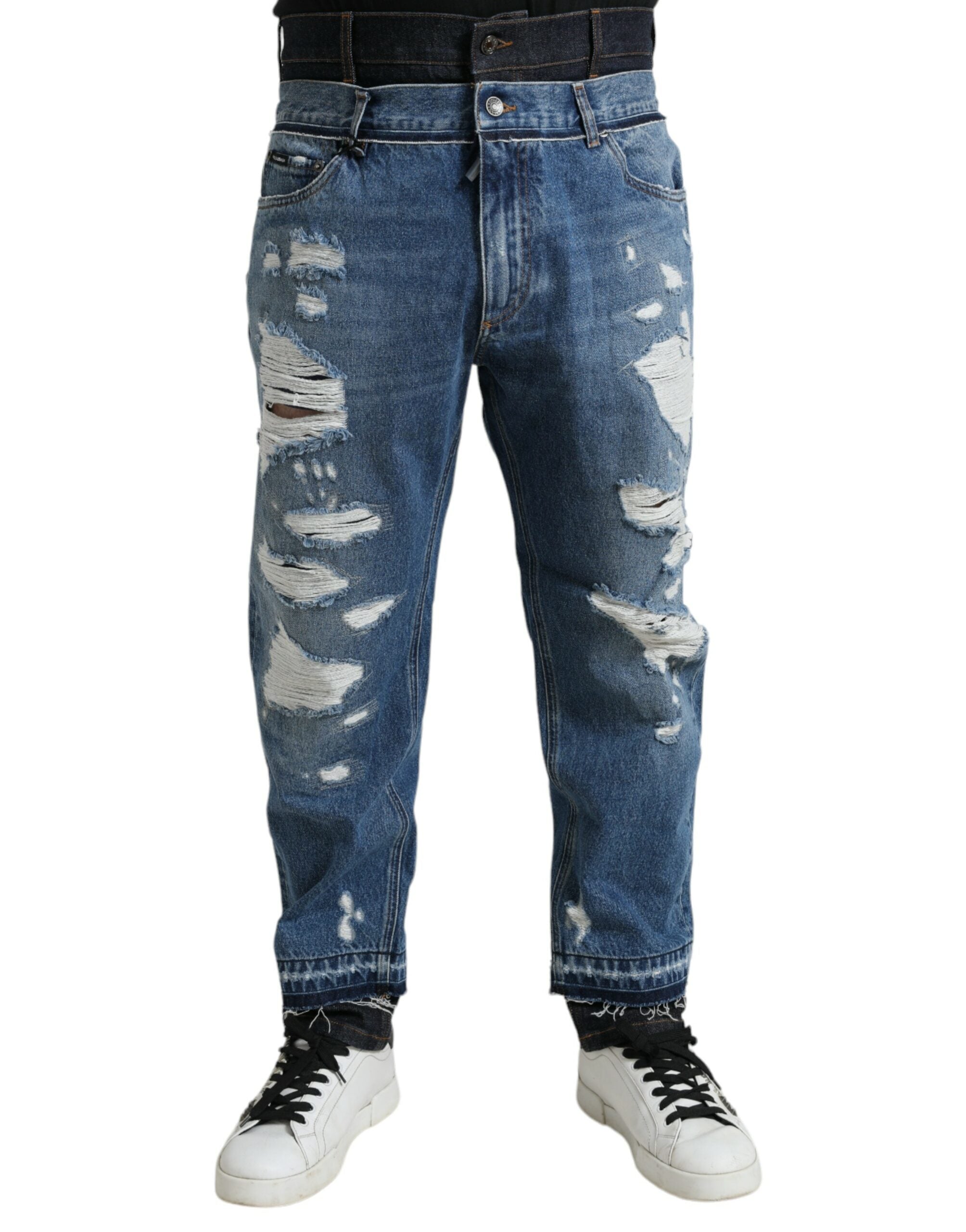 Blue Tattered Cotton Men Denim Jeans - ventzia