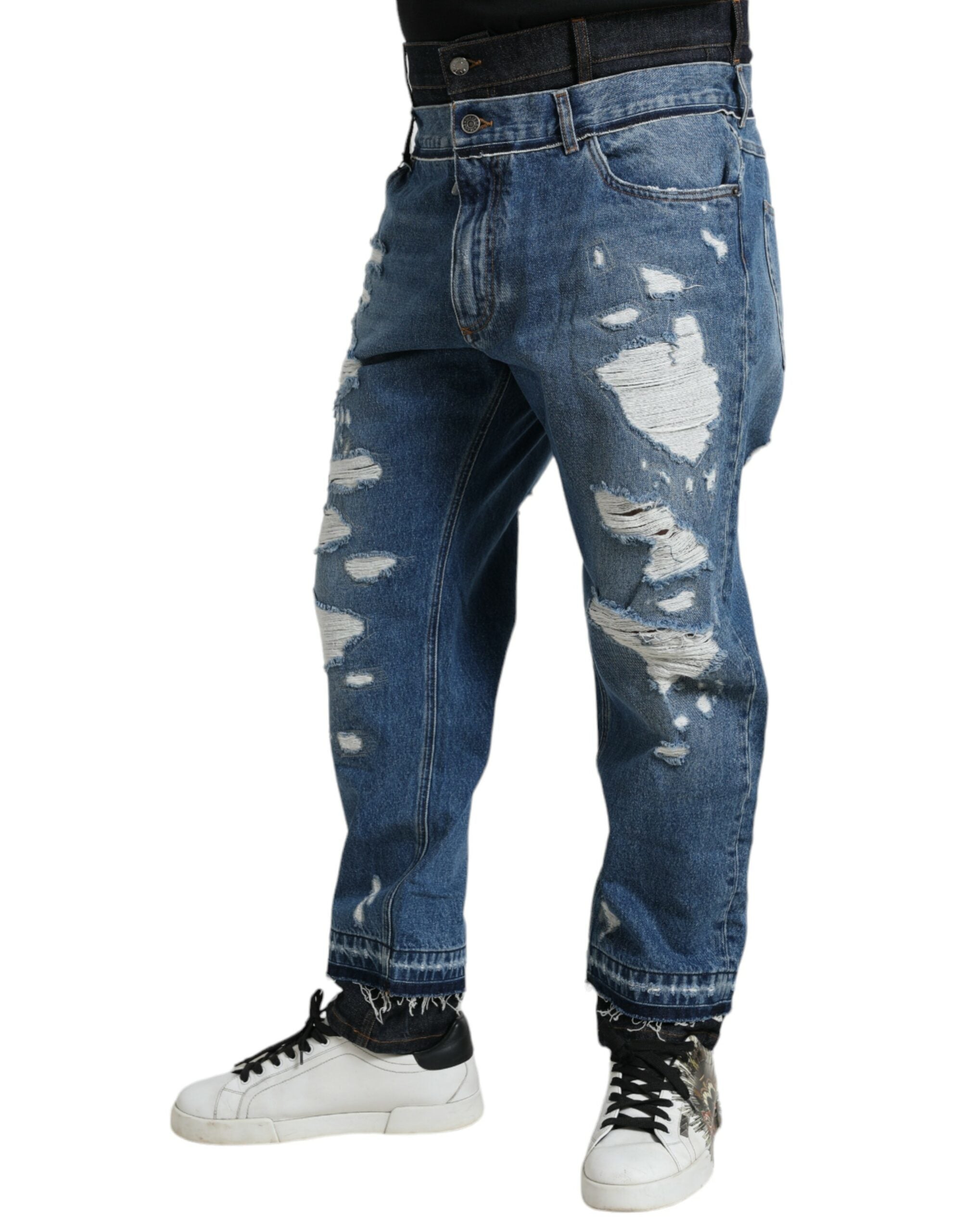 Blue Tattered Cotton Men Denim Jeans - ventzia