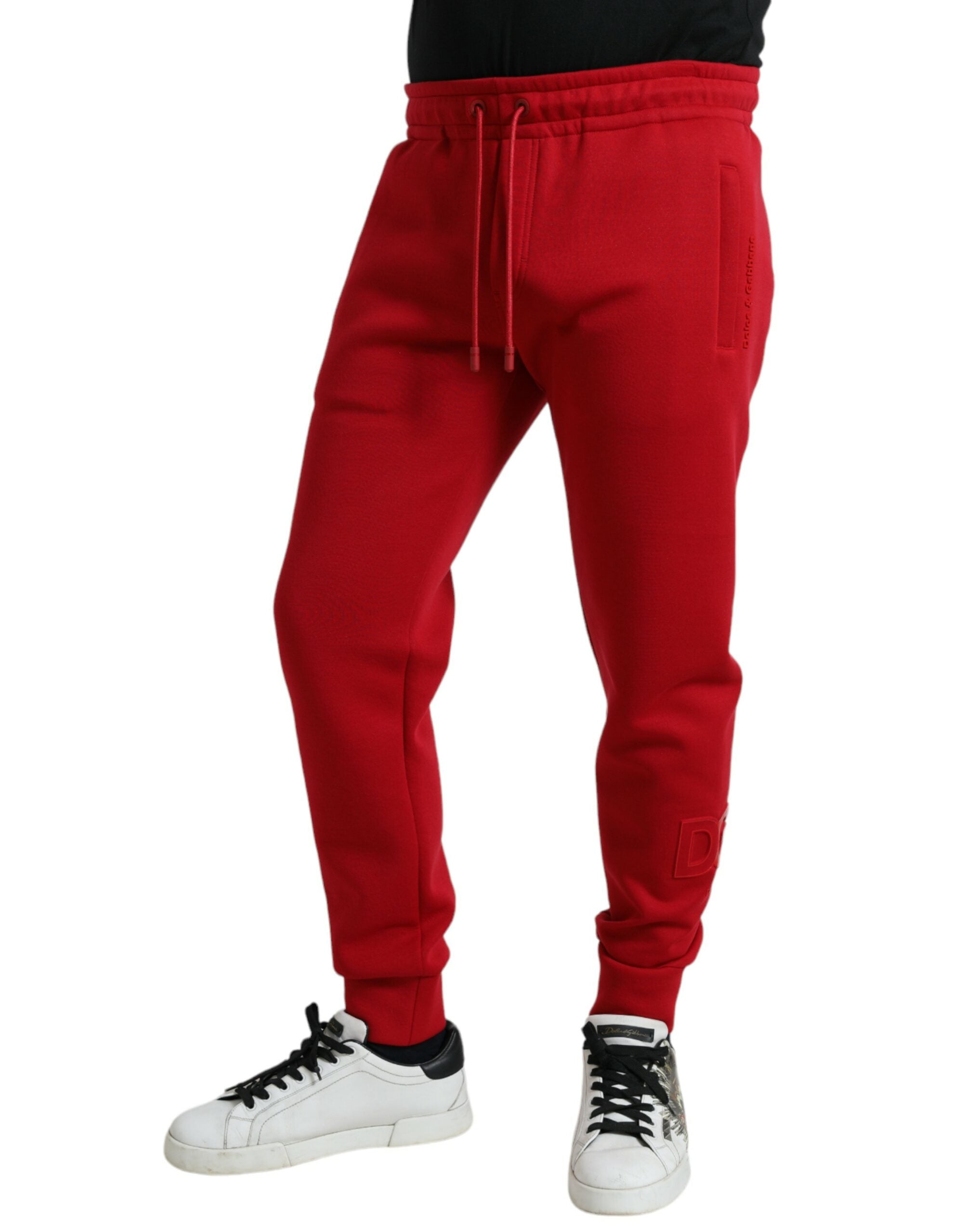 Red Cotton Blend Skinny Jogger Pants - ventzia