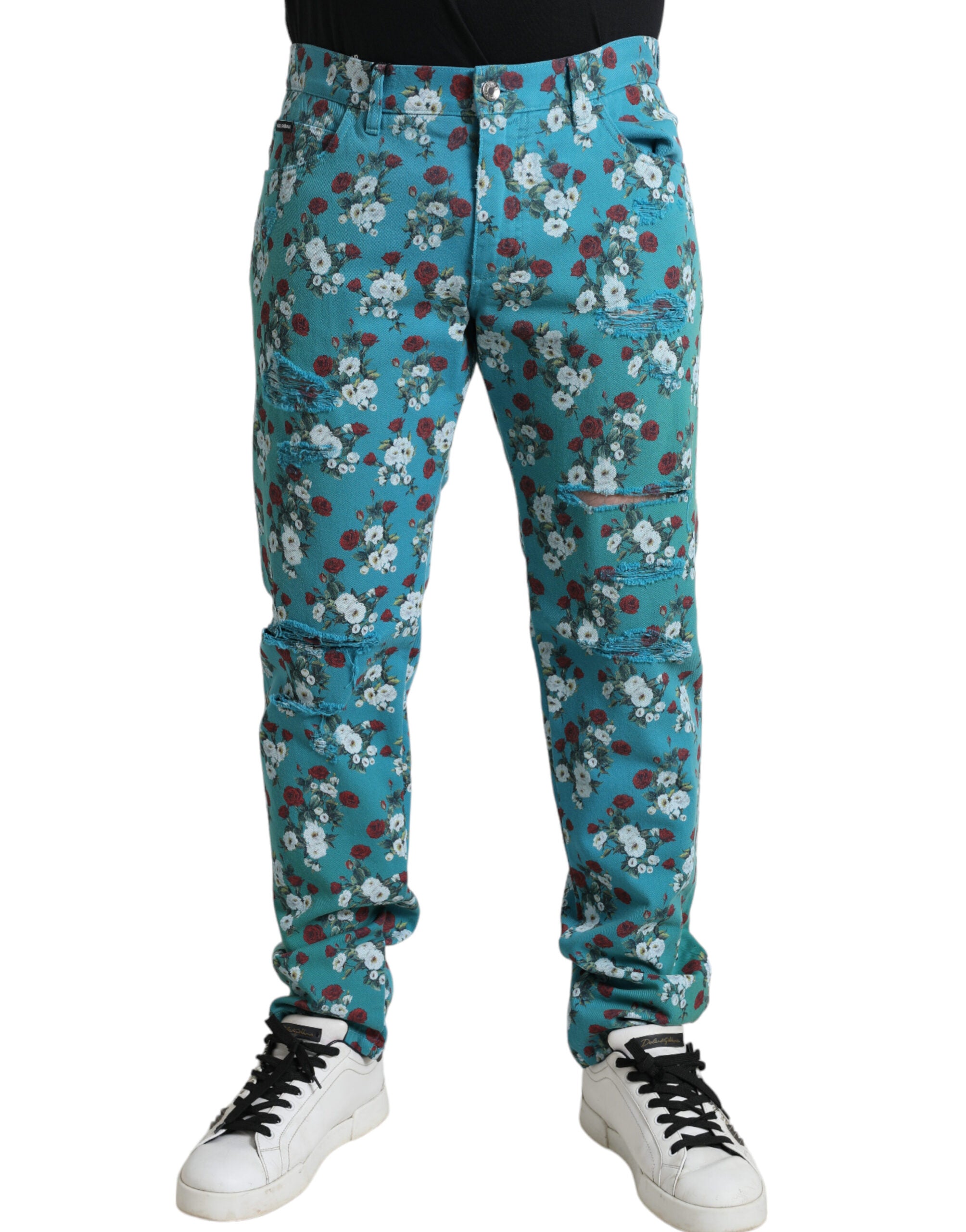 Blue Floral Print Skinny Cotton Denim Pants - ventzia