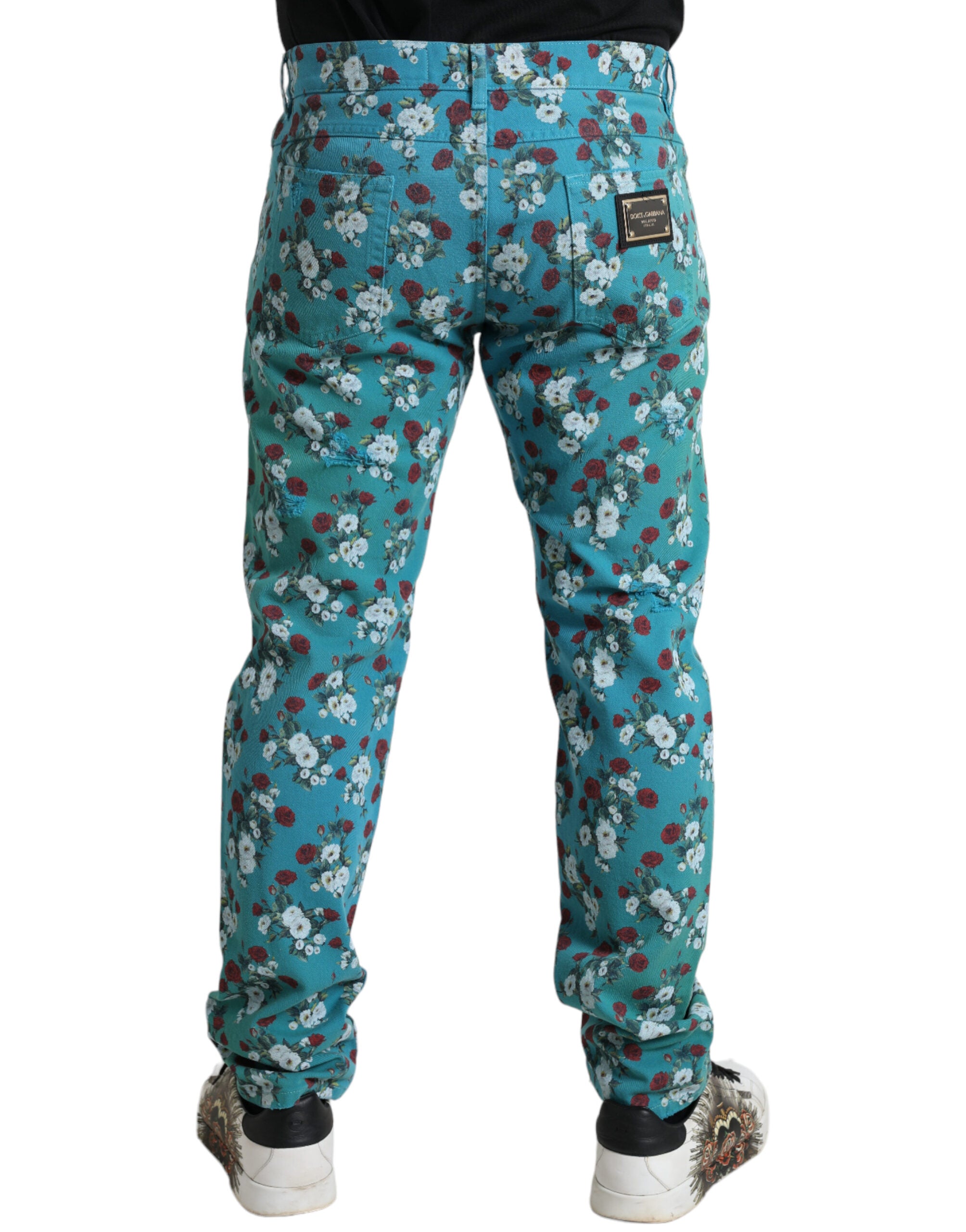 Blue Floral Print Skinny Cotton Denim Pants - ventzia