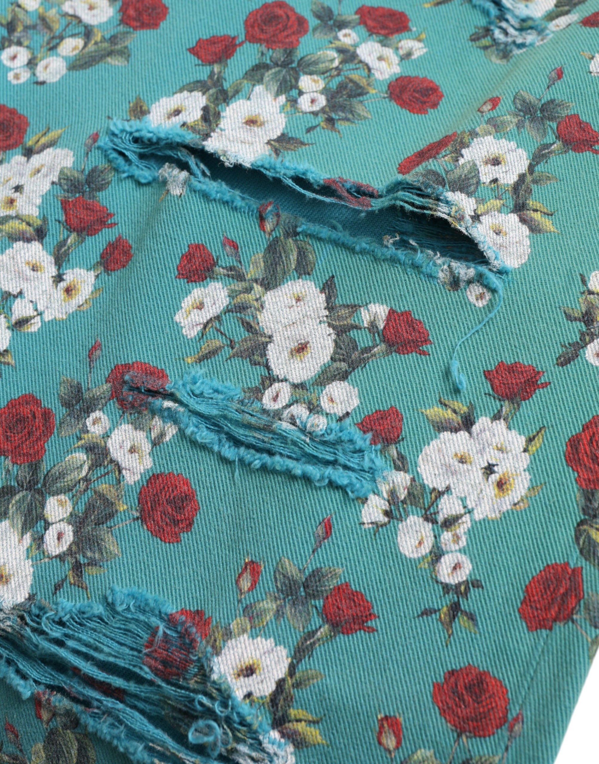 Blue Floral Print Skinny Cotton Denim Pants - ventzia