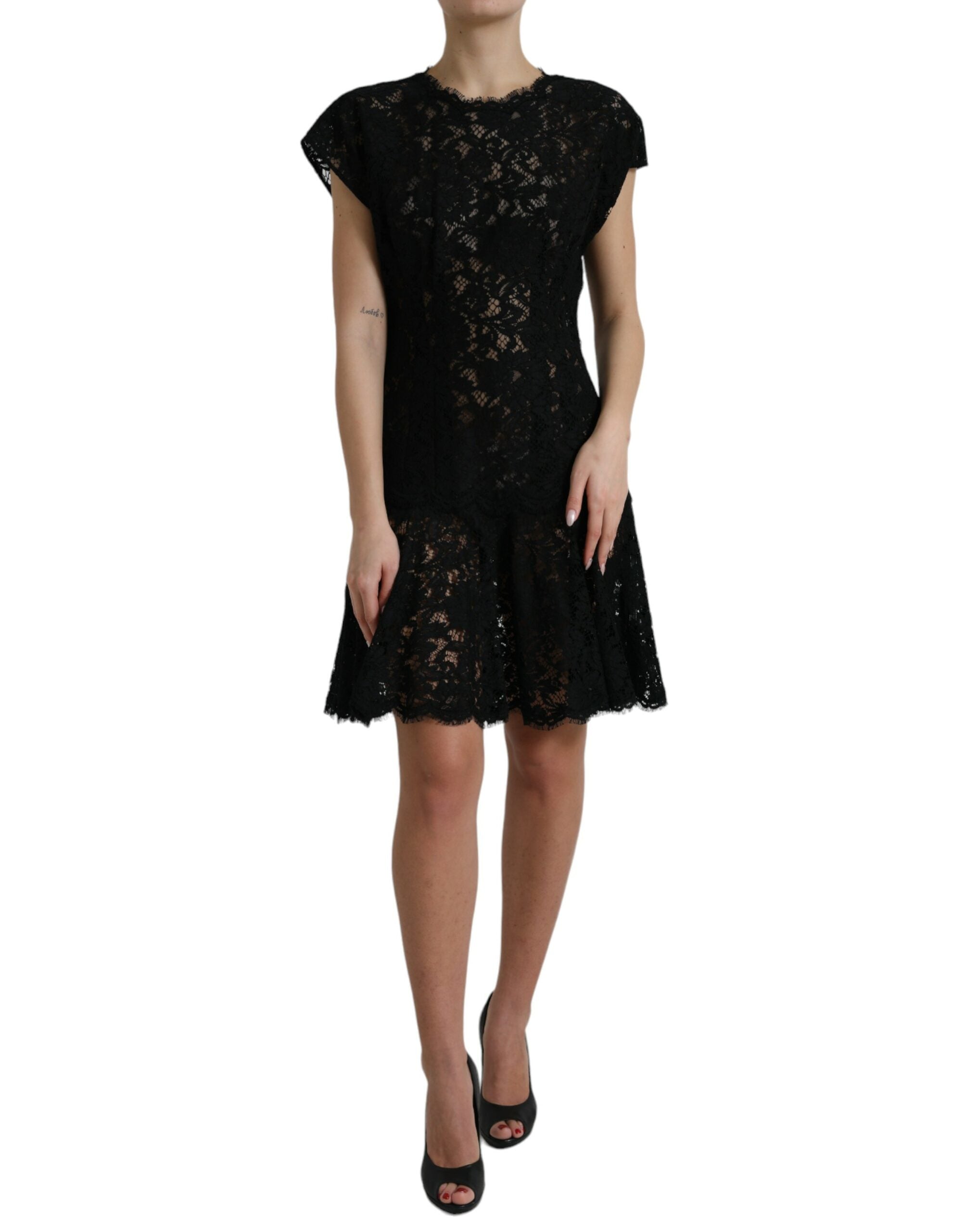 Black Floral Lace Cotton A-line Mini Dress - ventzia