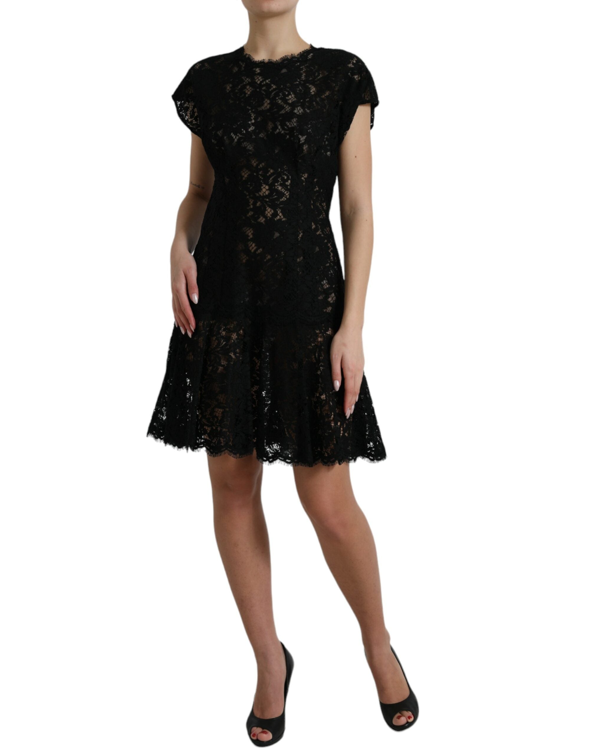 Black Floral Lace Cotton A-line Mini Dress - ventzia