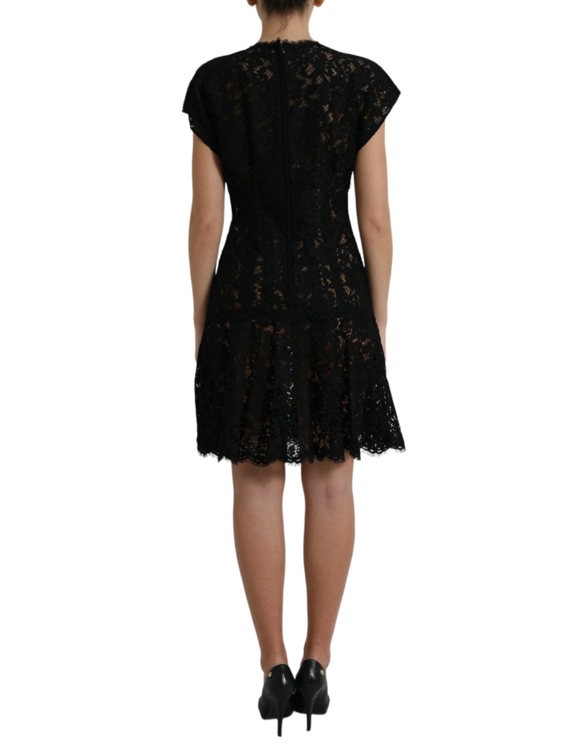 Black Floral Lace Cotton A-line Mini Dress - ventzia