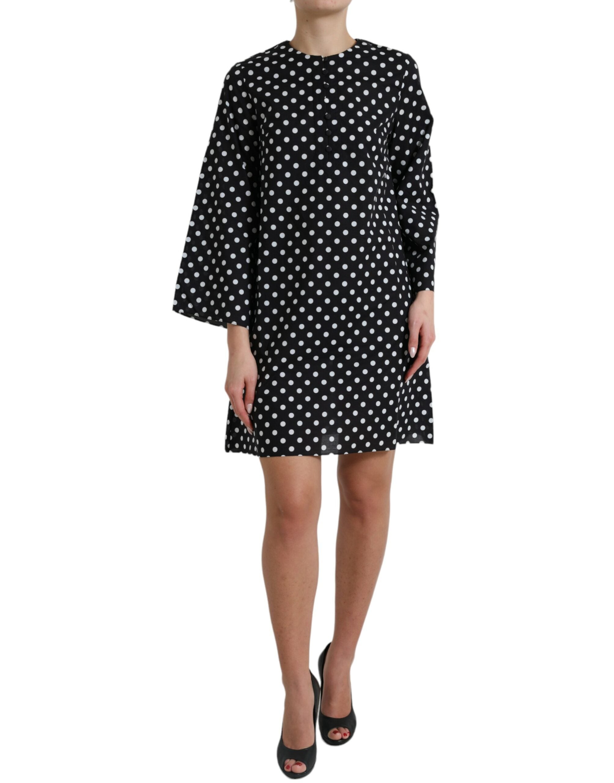 Black White Polka Dot Nylon Shift Mini Dress - ventzia
