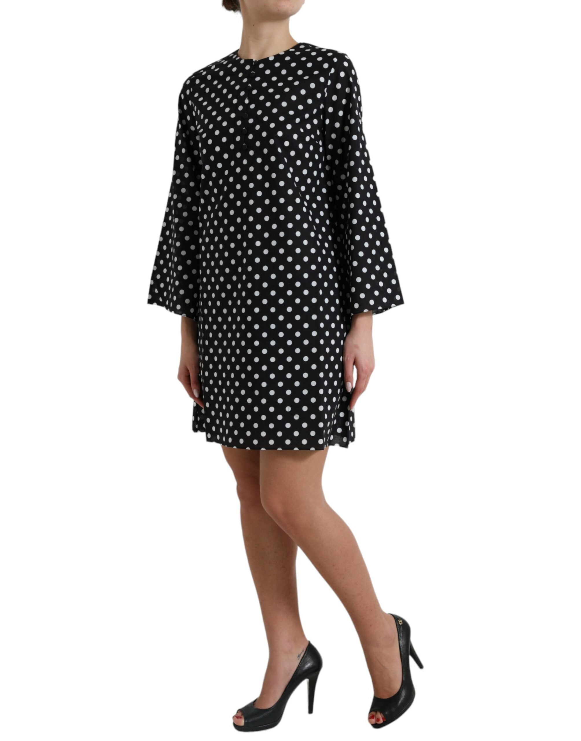 Black White Polka Dot Nylon Shift Mini Dress - ventzia