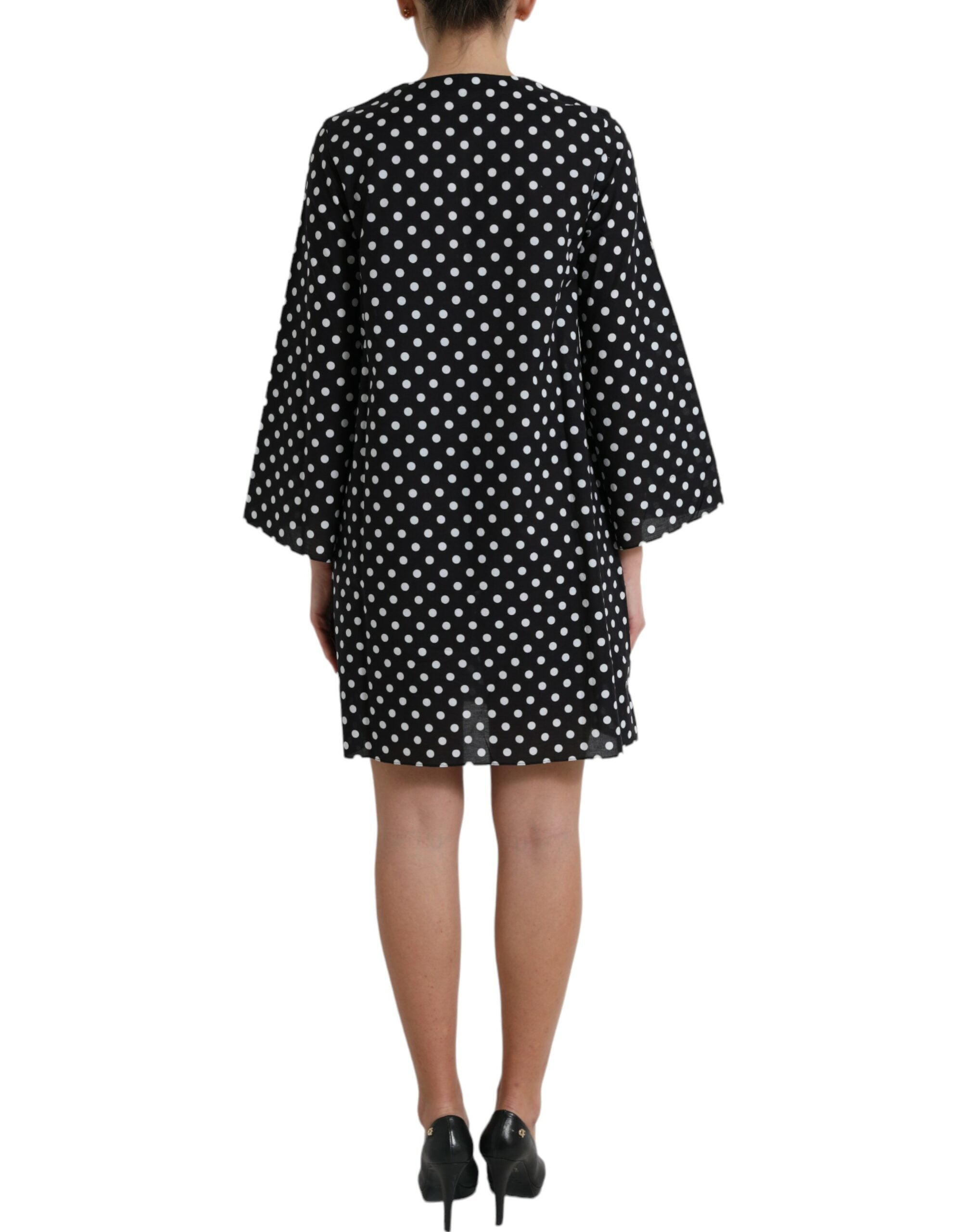 Black White Polka Dot Nylon Shift Mini Dress - ventzia