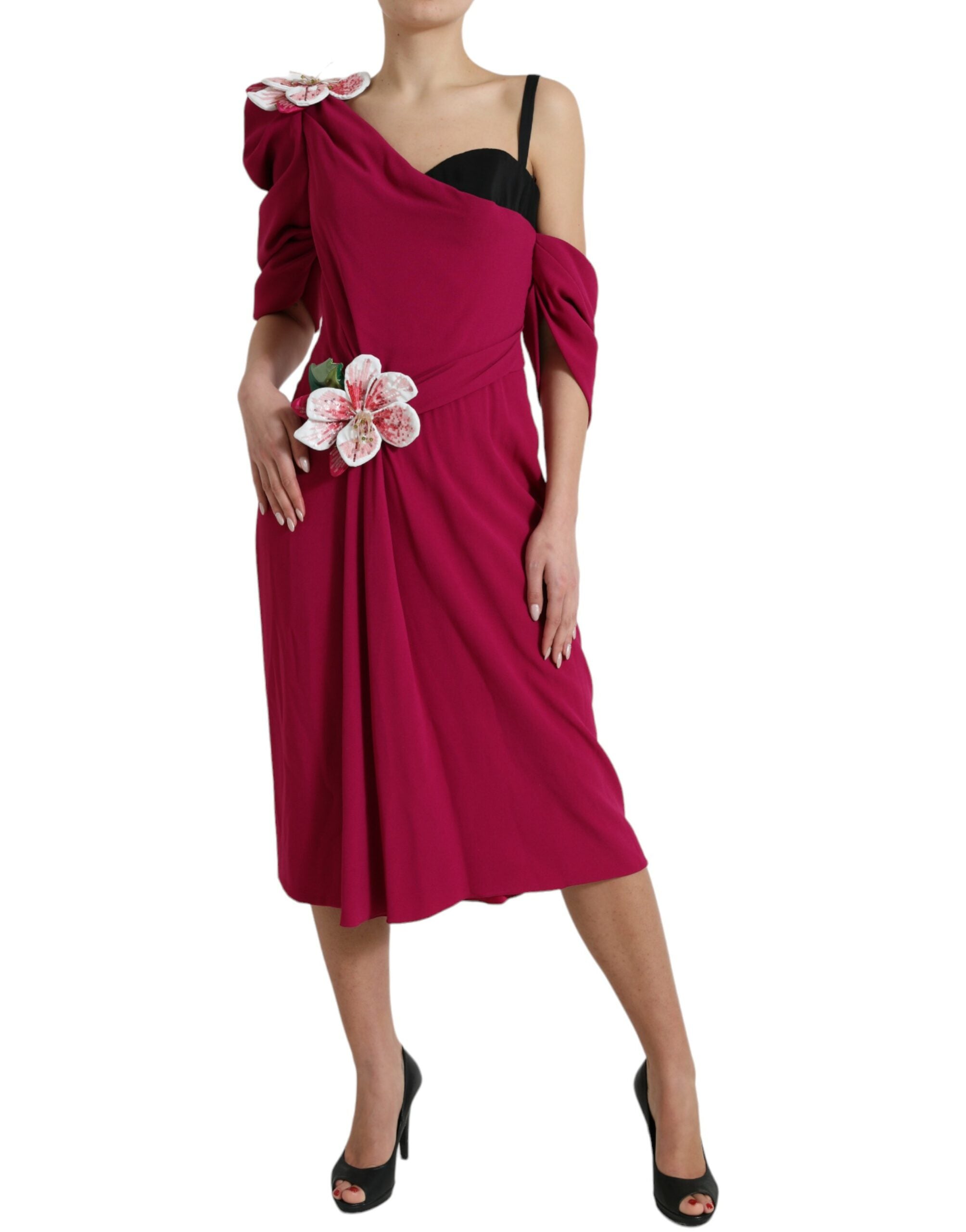 Purple Flower Embellished One Shoulder Dress - ventzia