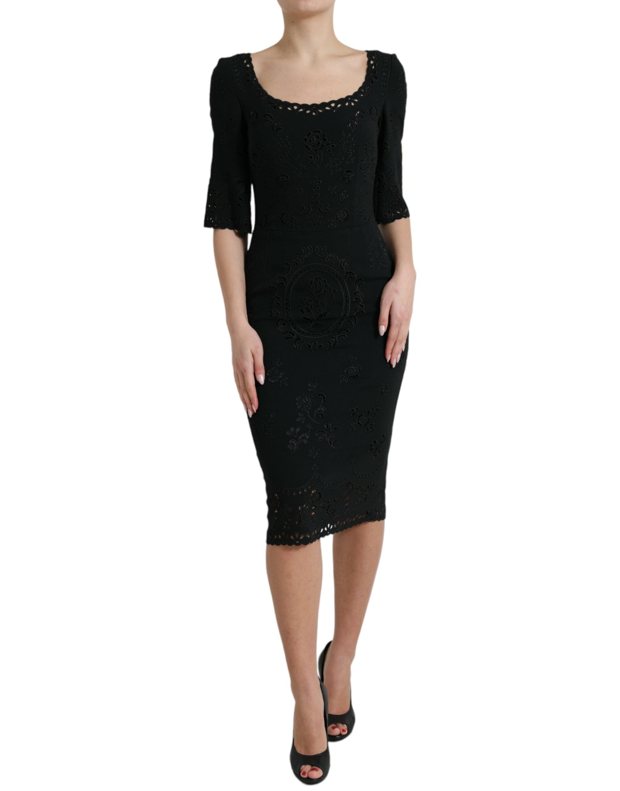 Black Floral Lace Viscose Bodycon Midi Dress - ventzia