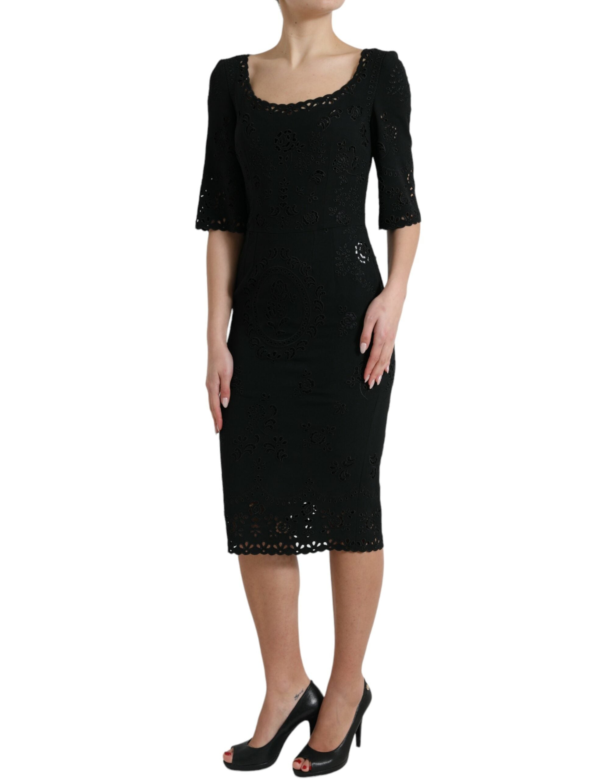 Black Floral Lace Viscose Bodycon Midi Dress - ventzia