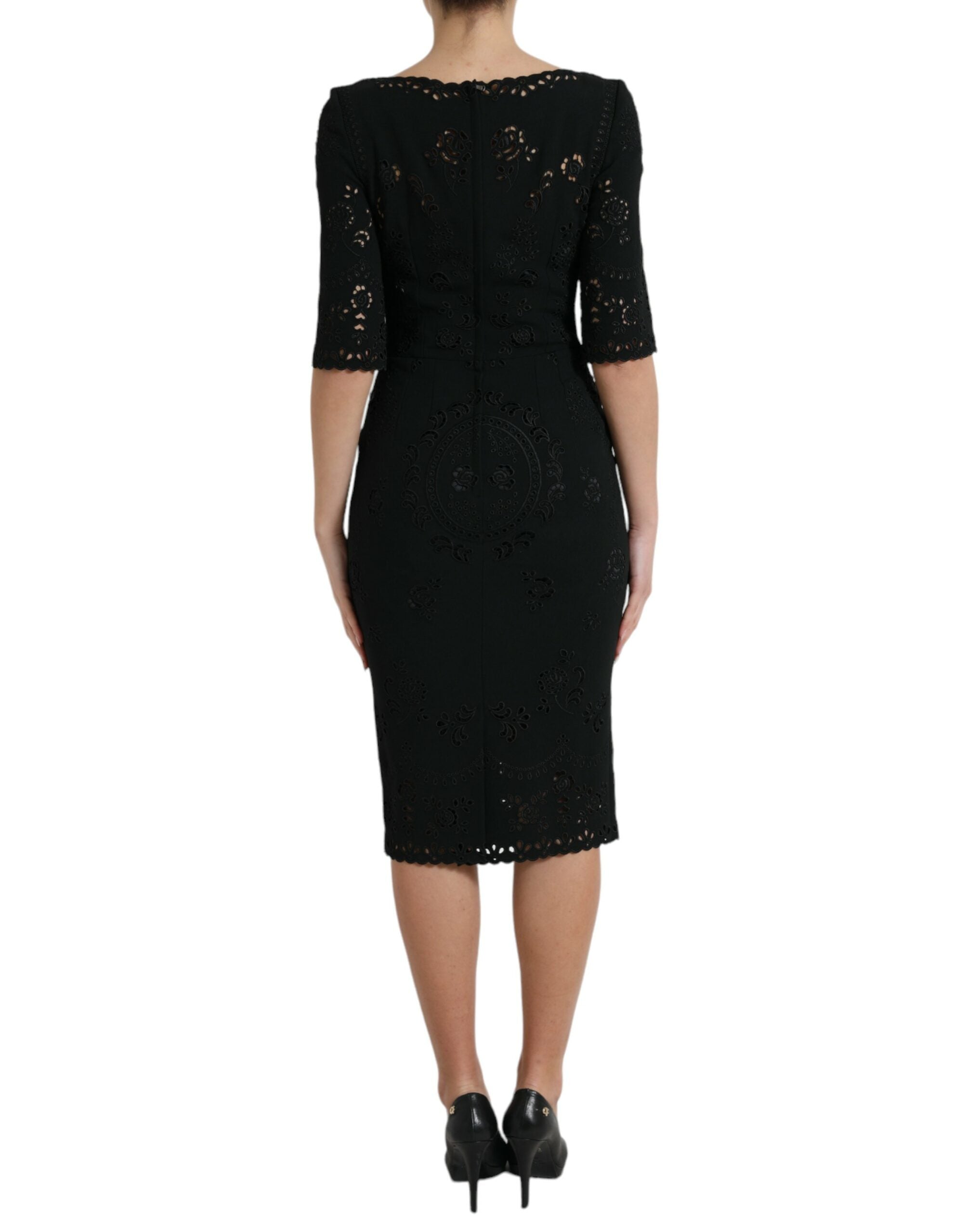 Black Floral Lace Viscose Bodycon Midi Dress - ventzia