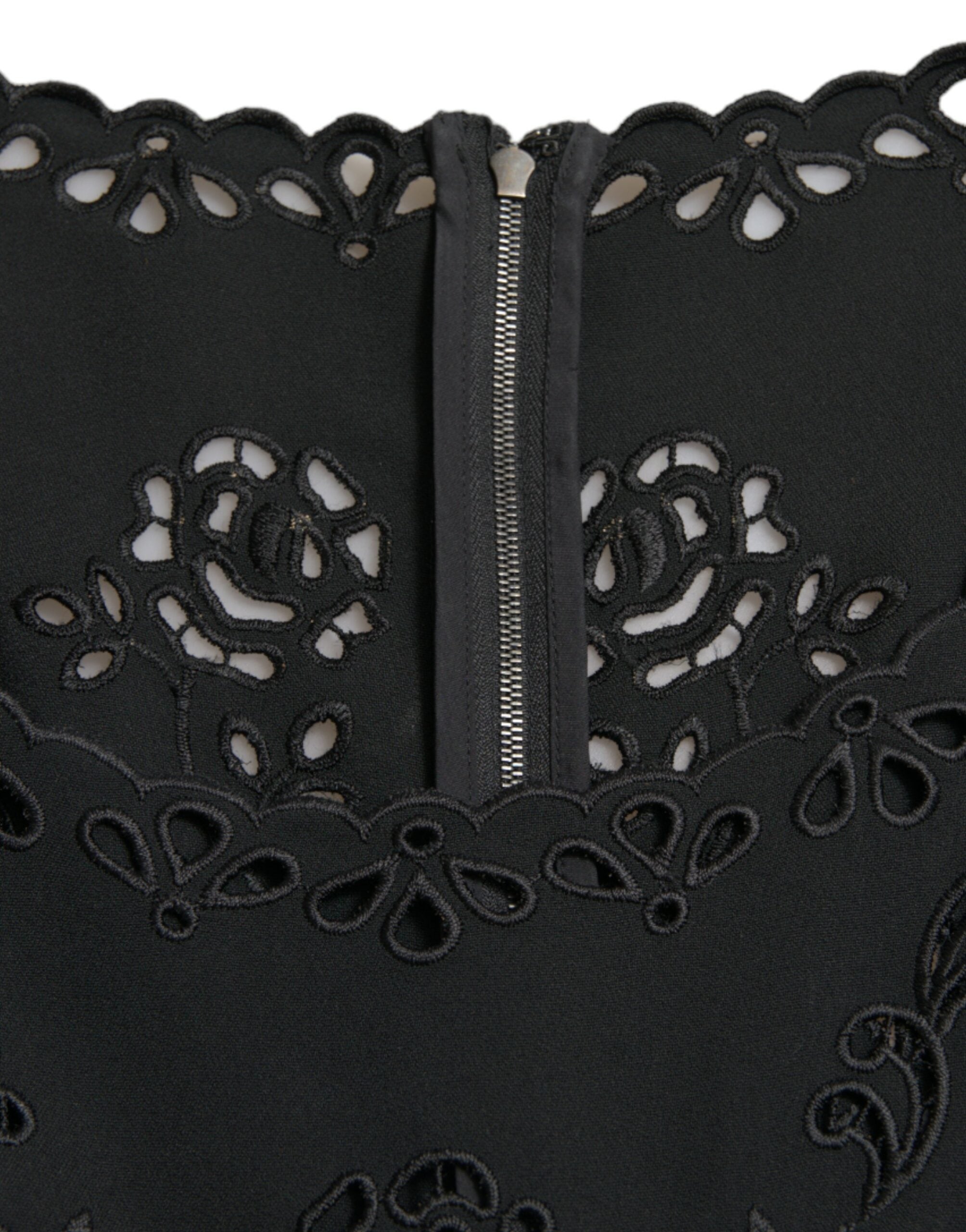 Black Floral Lace Viscose Bodycon Midi Dress - ventzia