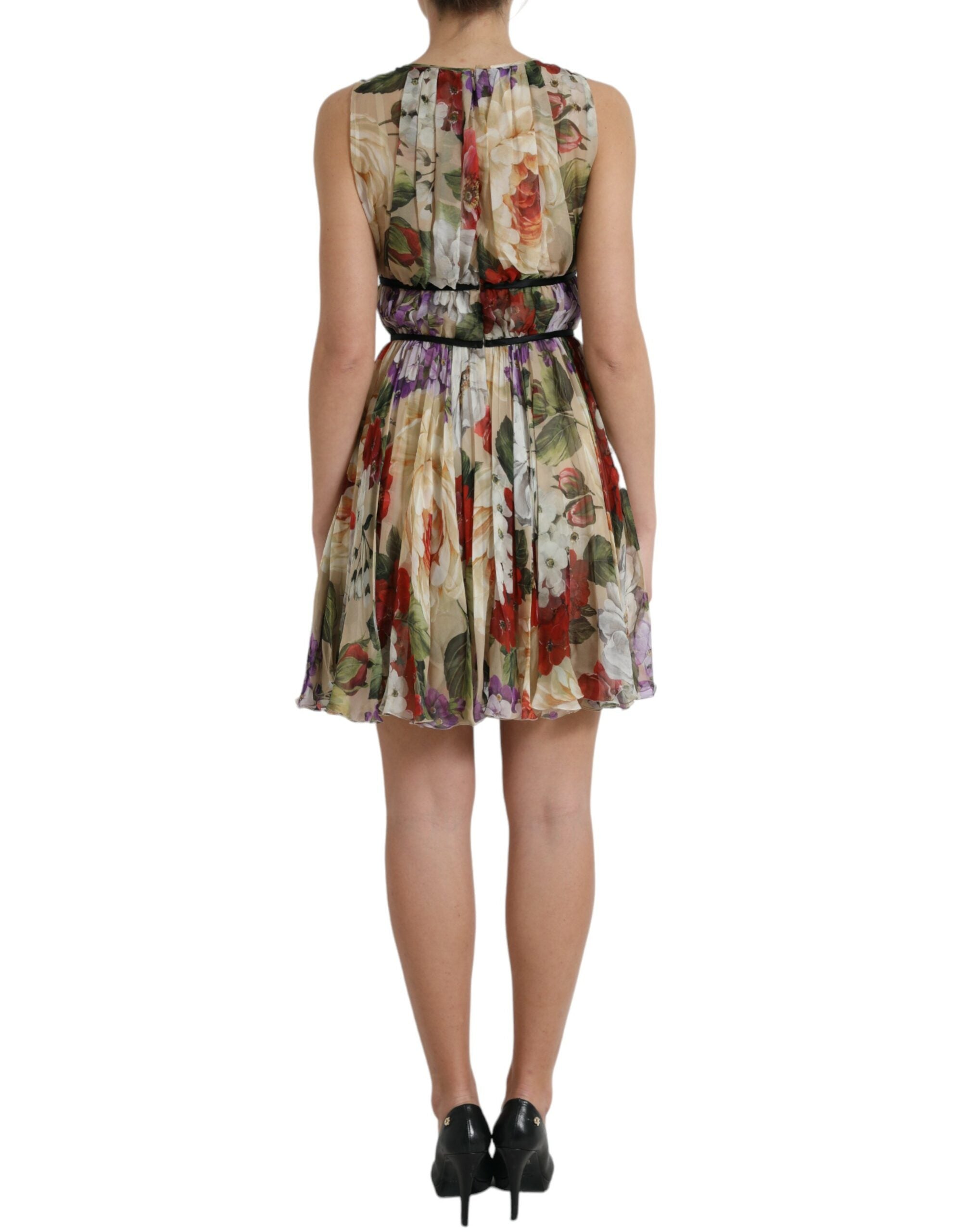 Beige Floral Sleeveless A-line Mini Dress - ventzia
