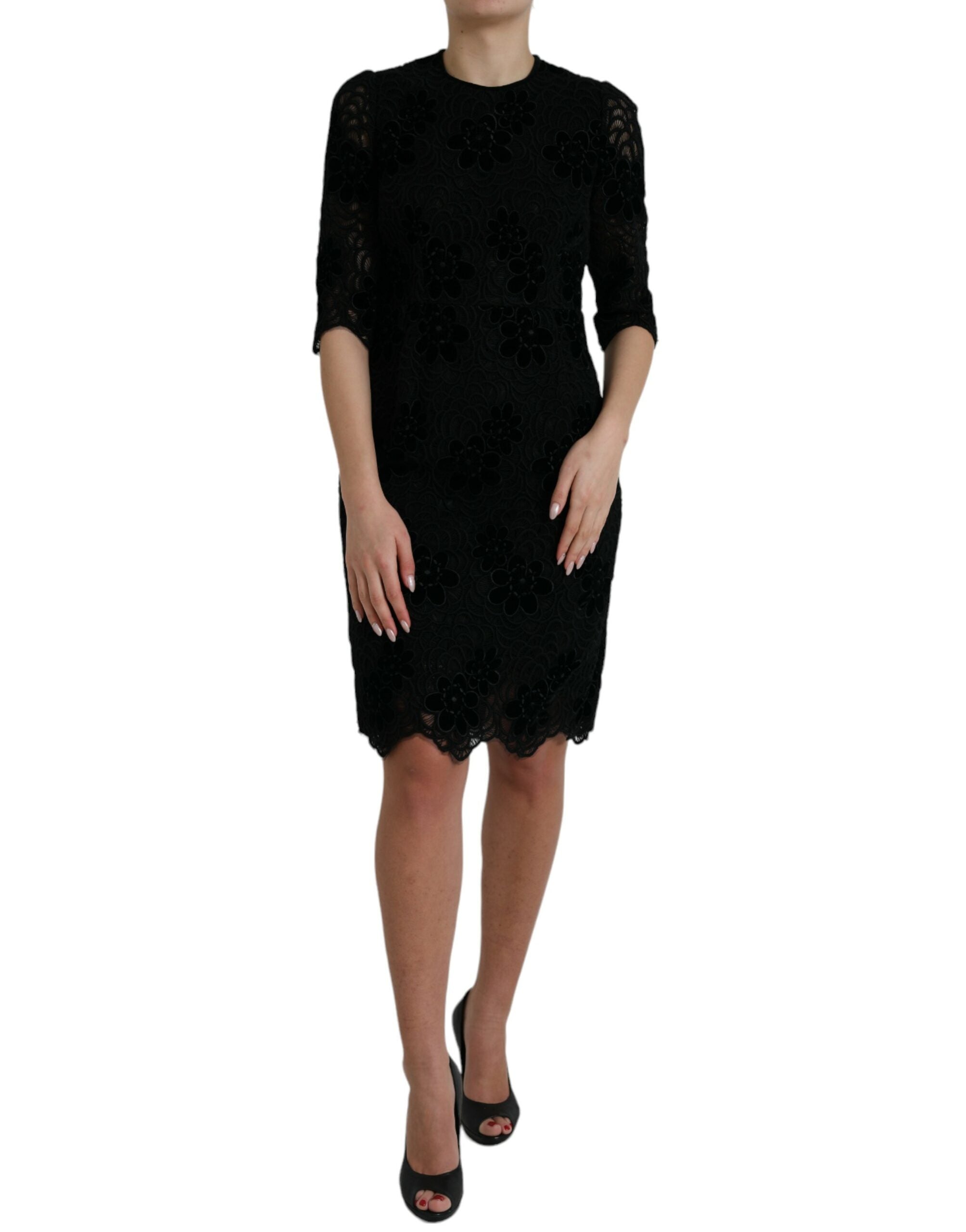 Black Floral Lace Cotton Bodycon Dress - ventzia