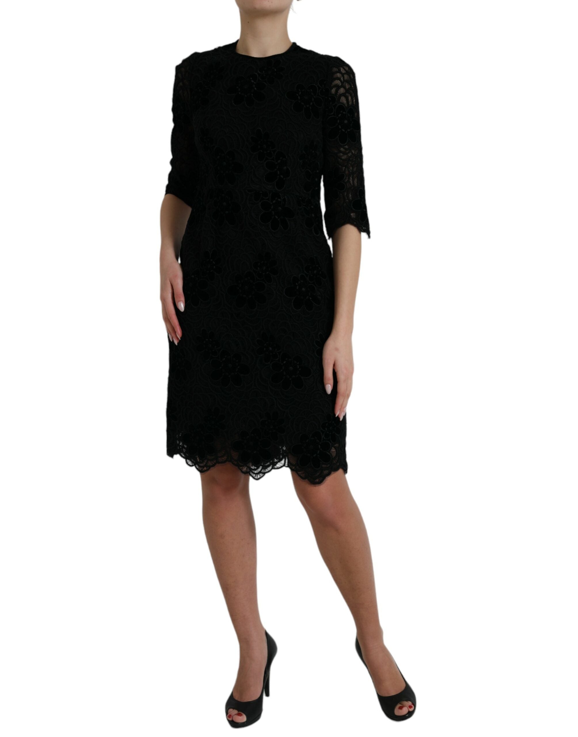 Black Floral Lace Cotton Bodycon Dress - ventzia