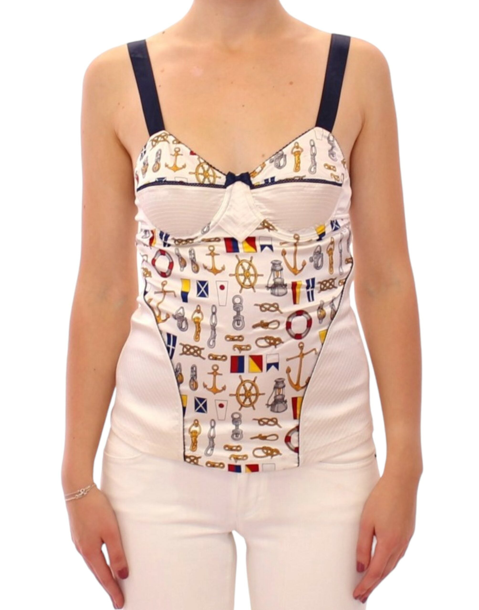 White Sailor Motif Stretch Tank Top - ventzia