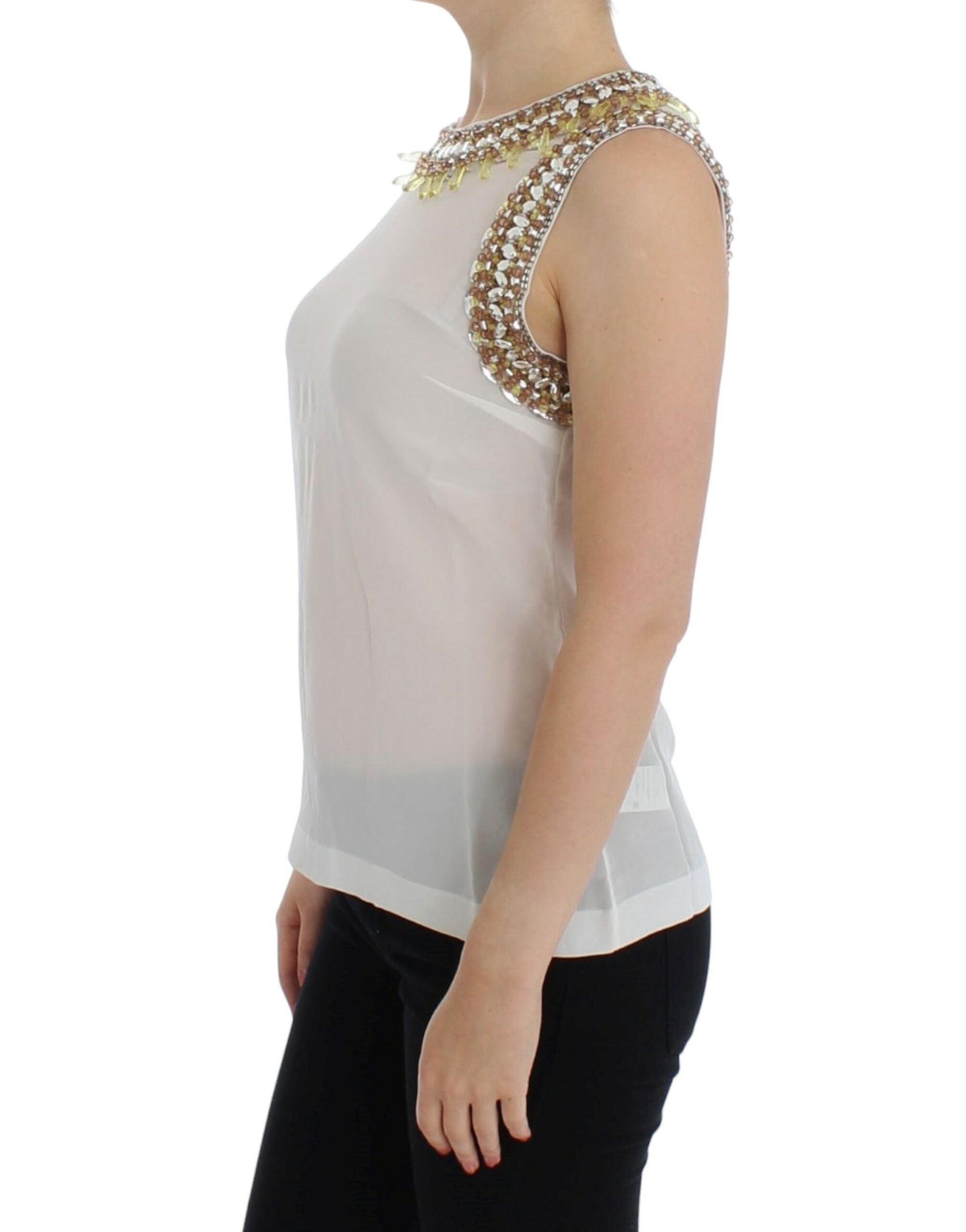 Elegant Sleeveless Silk Blouse with Crystal Embellishment - ventzia