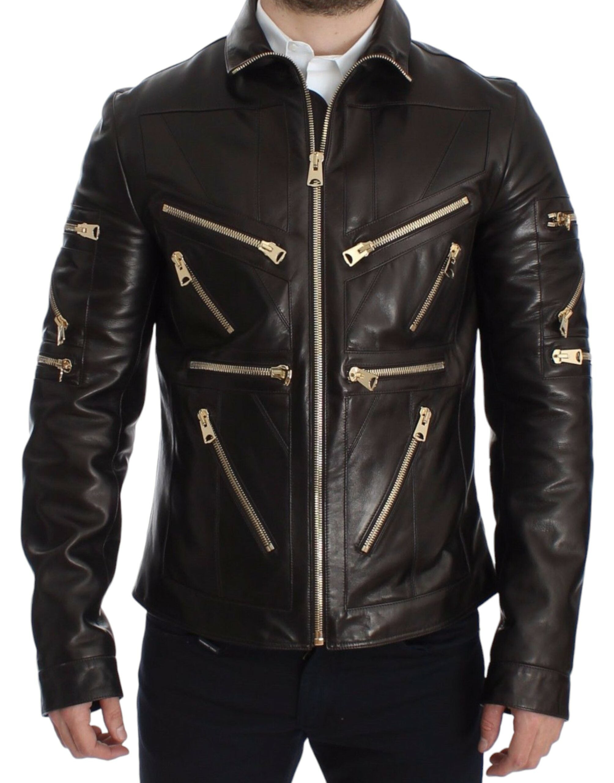 Elegant Brown Gold-Detailed Leather Jacket - ventzia