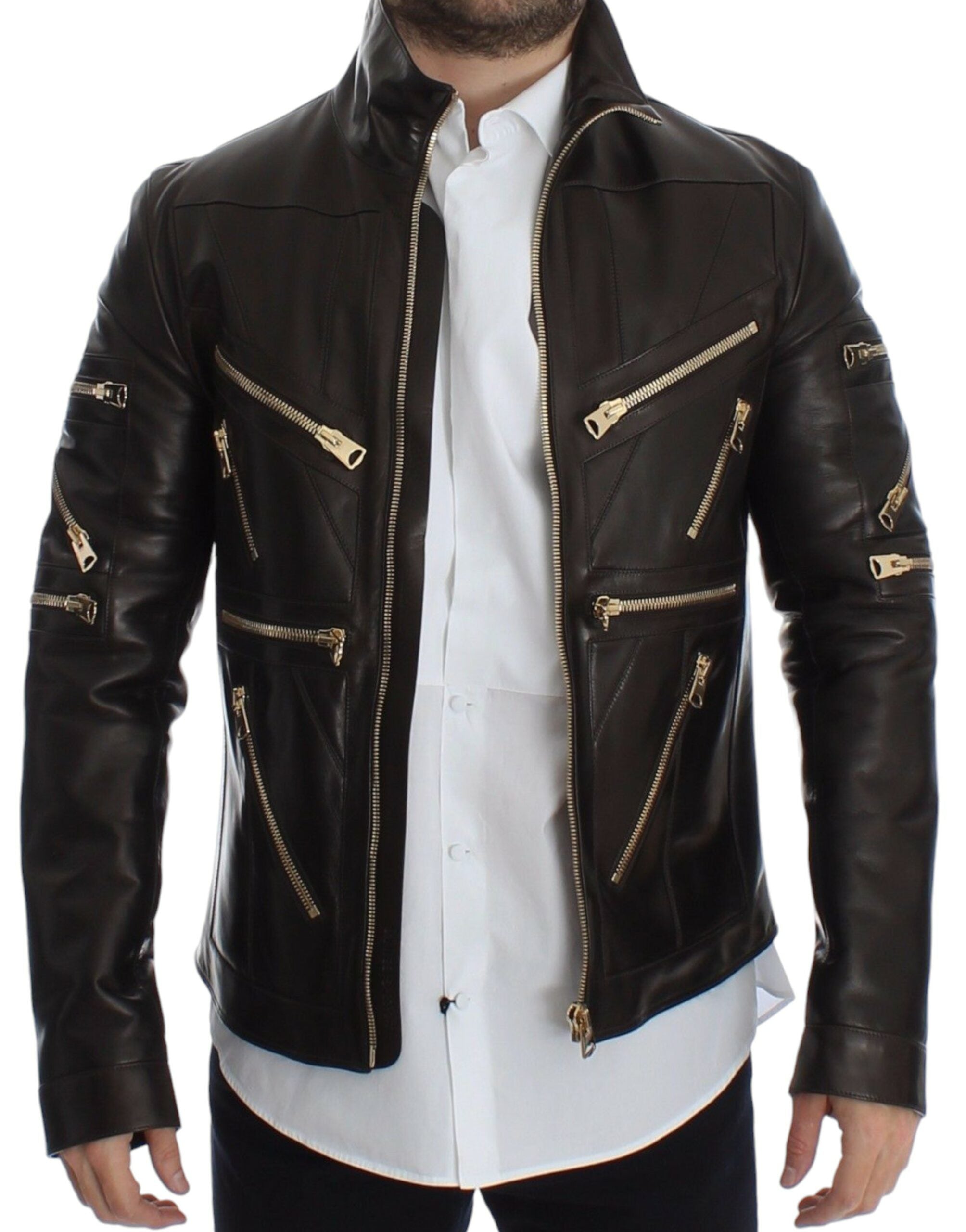 Elegant Brown Gold-Detailed Leather Jacket - ventzia
