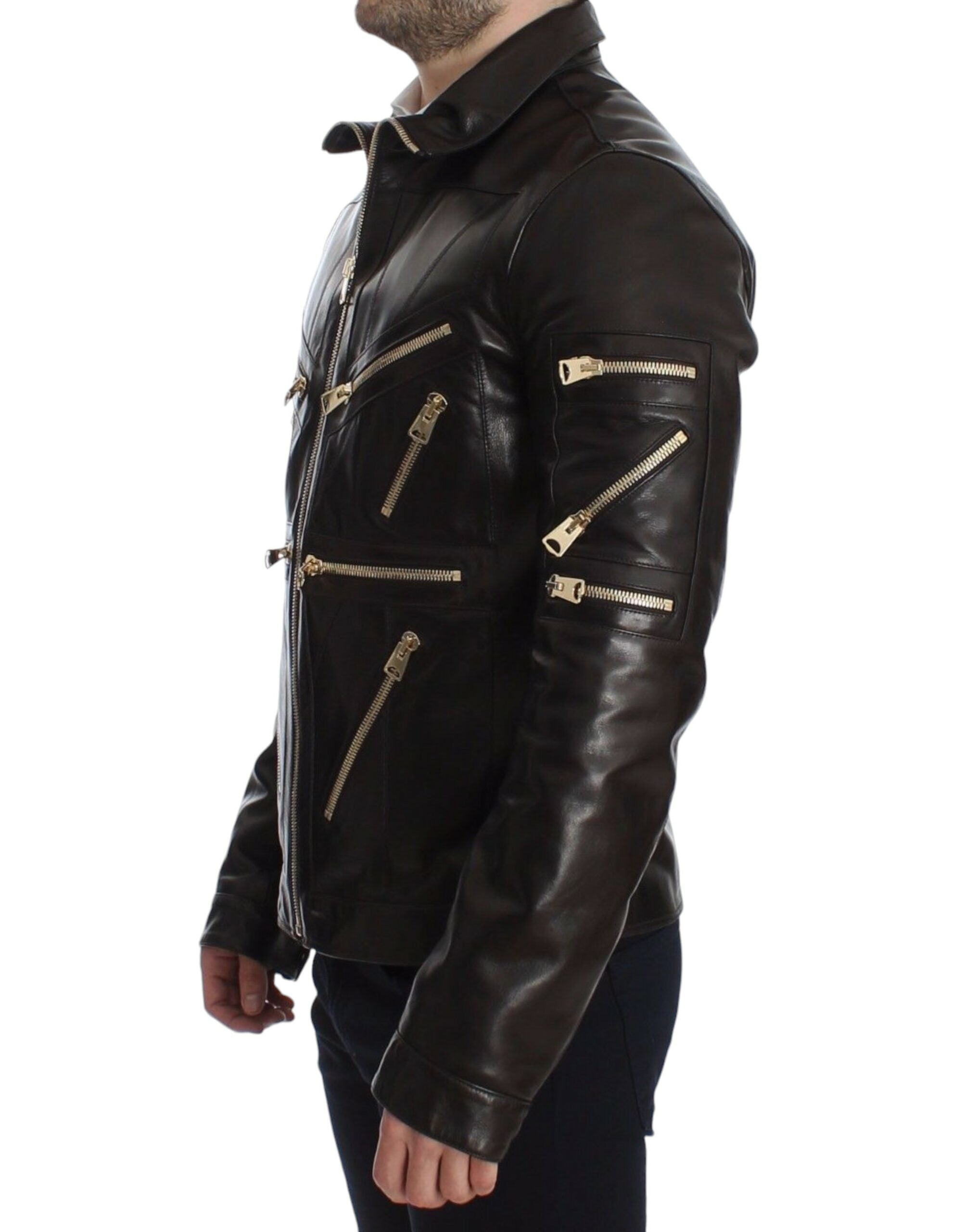 Elegant Brown Gold-Detailed Leather Jacket - ventzia