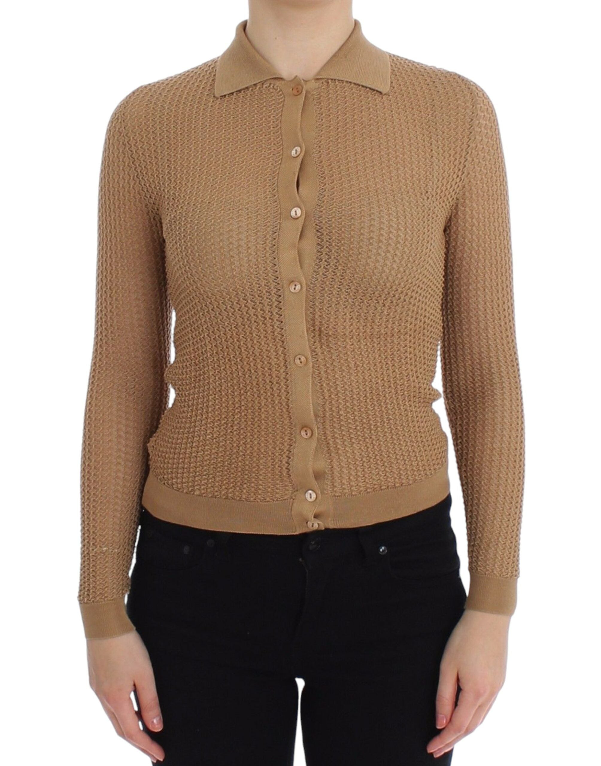 Beige Knitted Cotton Polo Cardigan Sweater - ventzia
