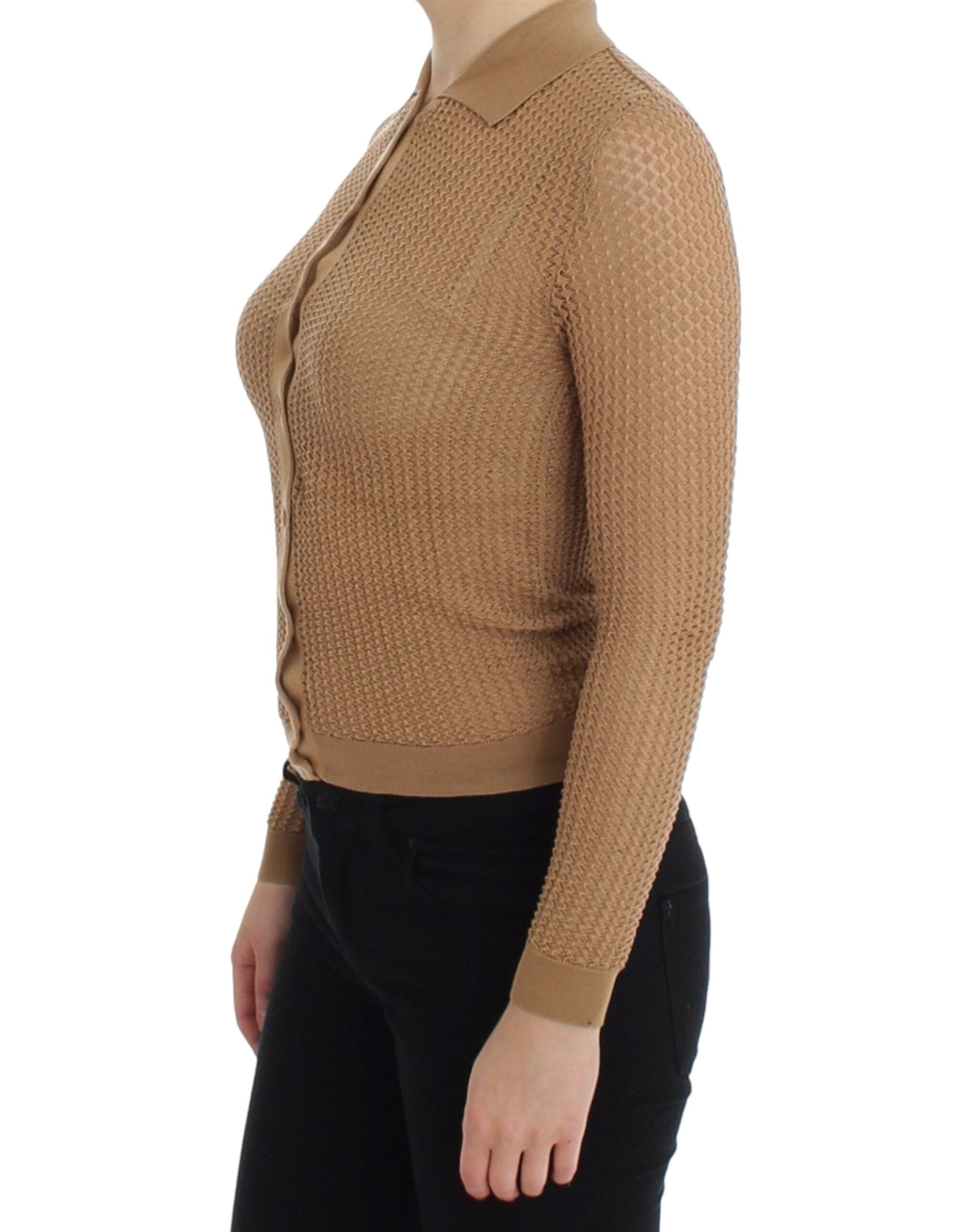 Beige Knitted Cotton Polo Cardigan Sweater - ventzia
