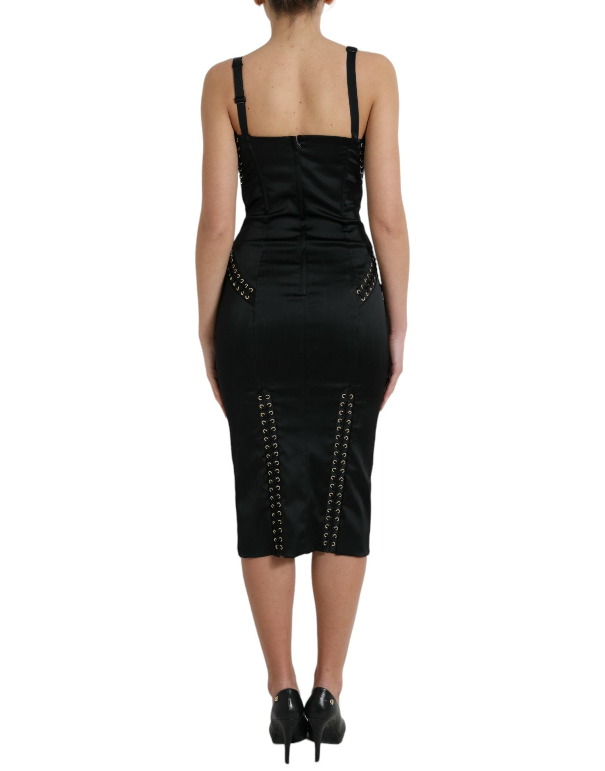Black Bustier Corset Lace Bodycon Midi Dress - ventzia