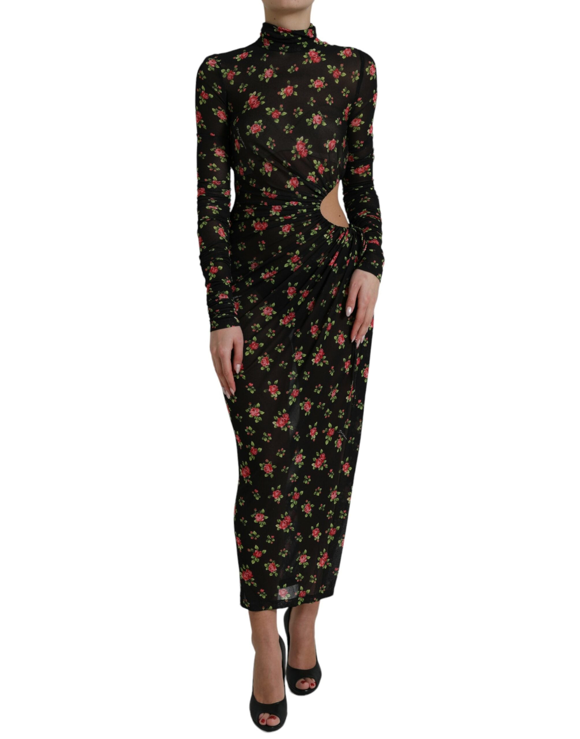 Black Floral Cut Out Sheath Long Maxi Dress - ventzia