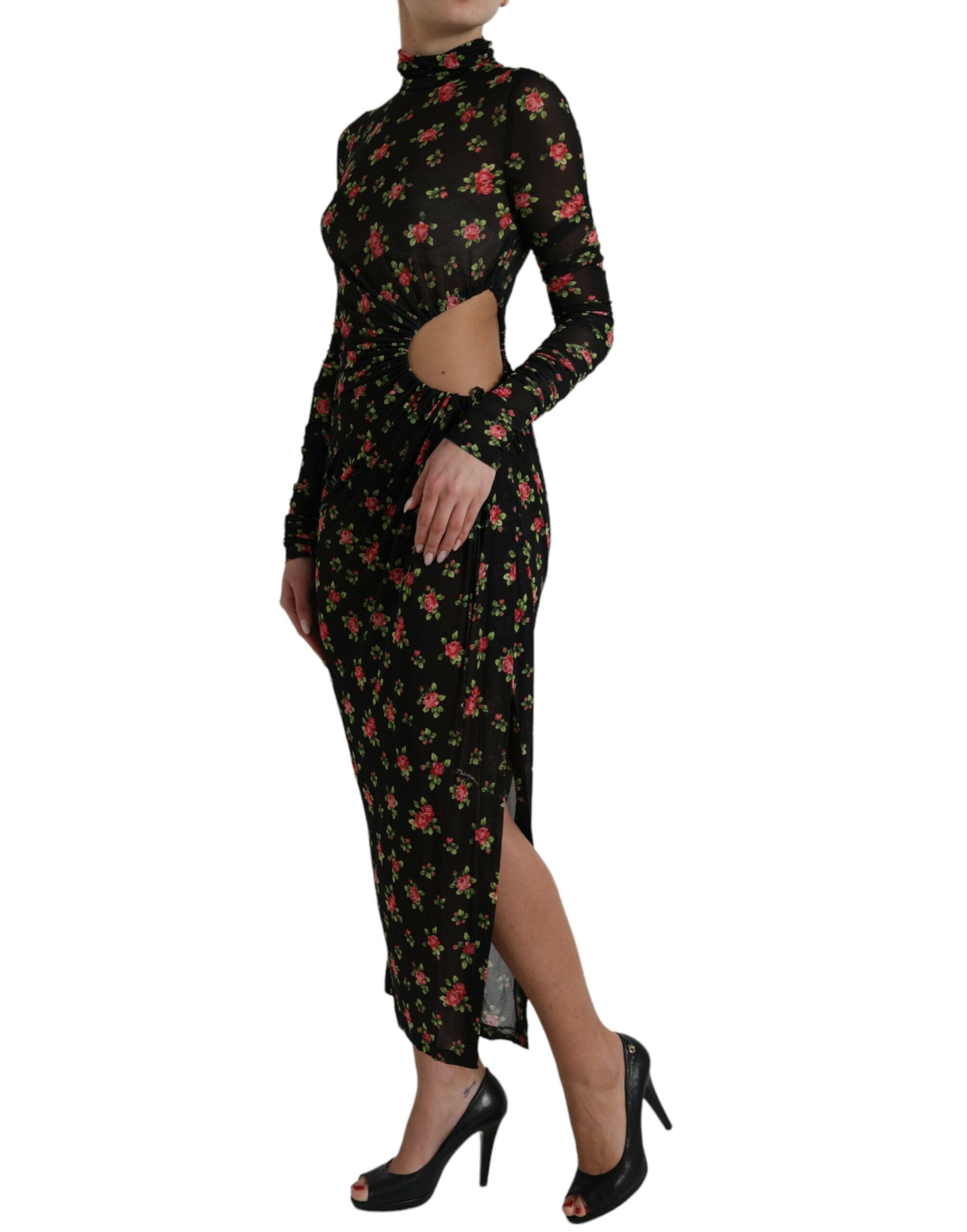 Black Floral Cut Out Sheath Long Maxi Dress - ventzia
