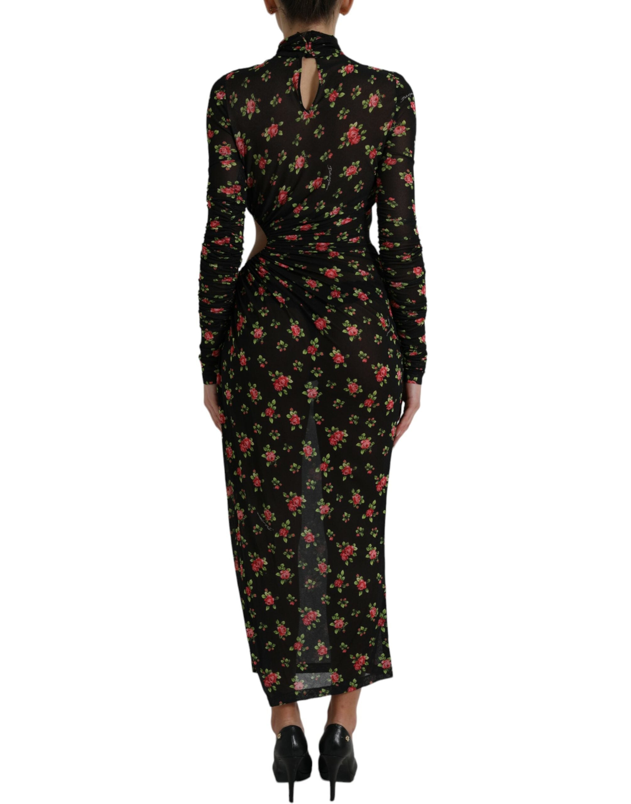 Black Floral Cut Out Sheath Long Maxi Dress - ventzia