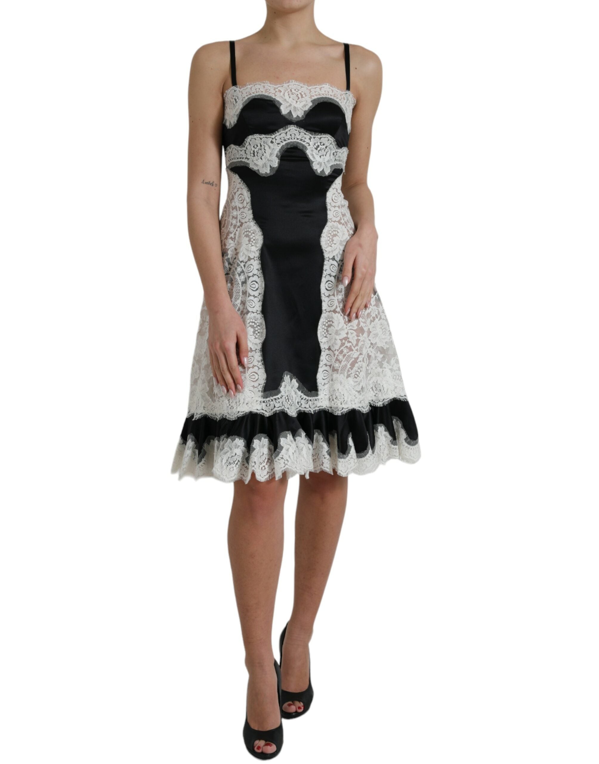 Black White Lace See Through A-Line Sleeveless Dress - ventzia