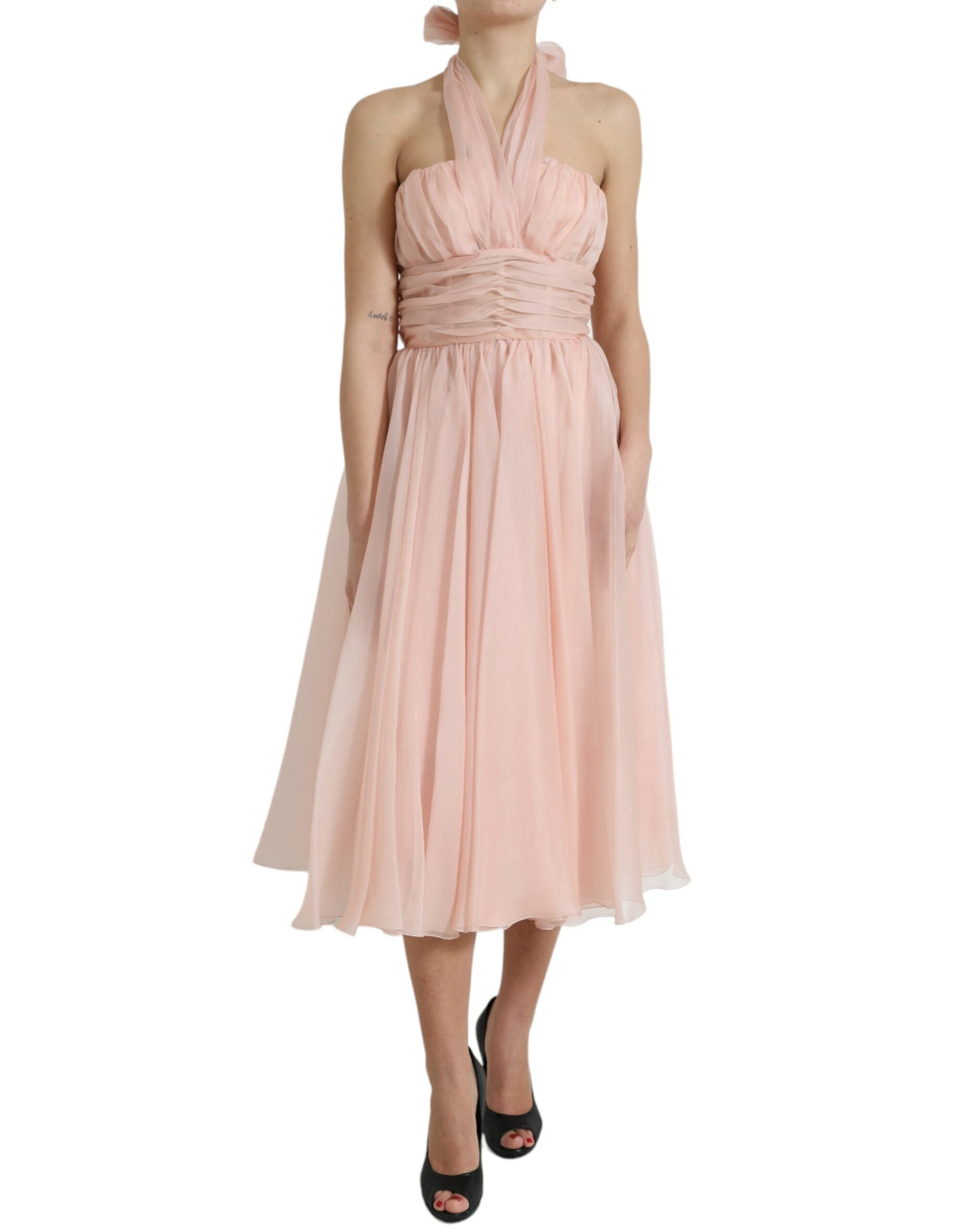 Pink Silk Chiffon Halter A-line Pleated Midi Dress - ventzia