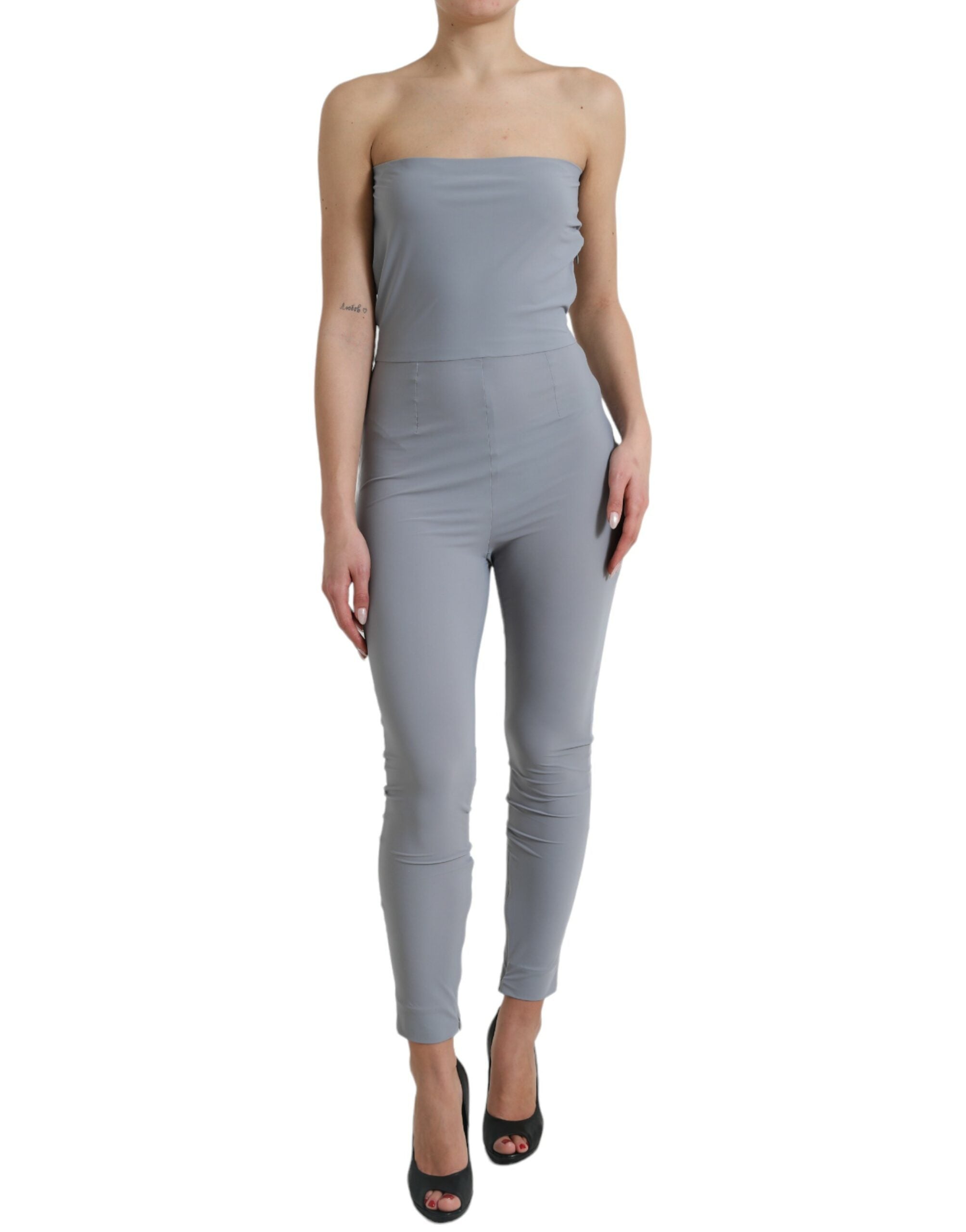 Gray Nylon Strapless Bodycon Jumpsuit Dress - ventzia