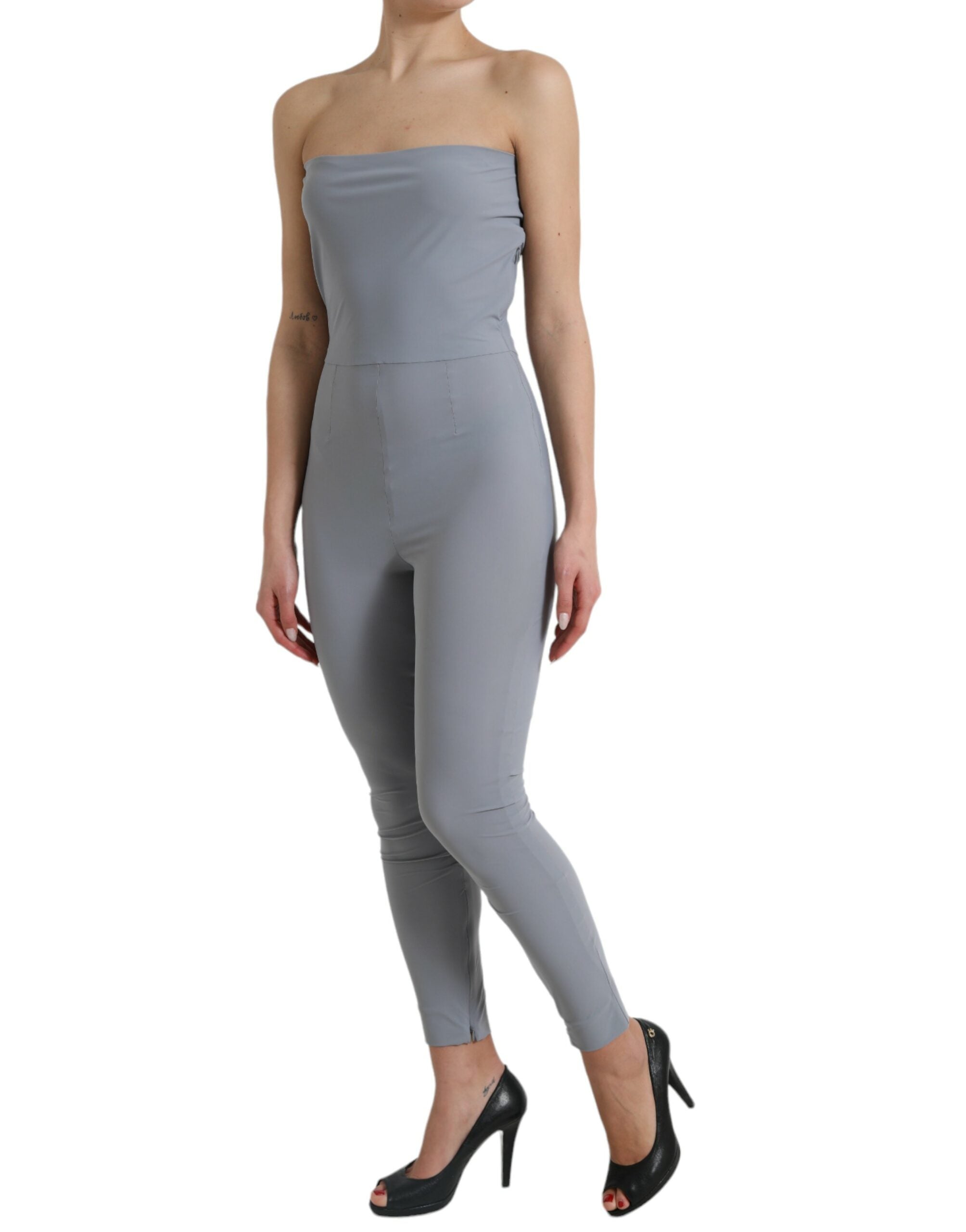Gray Nylon Strapless Bodycon Jumpsuit Dress - ventzia