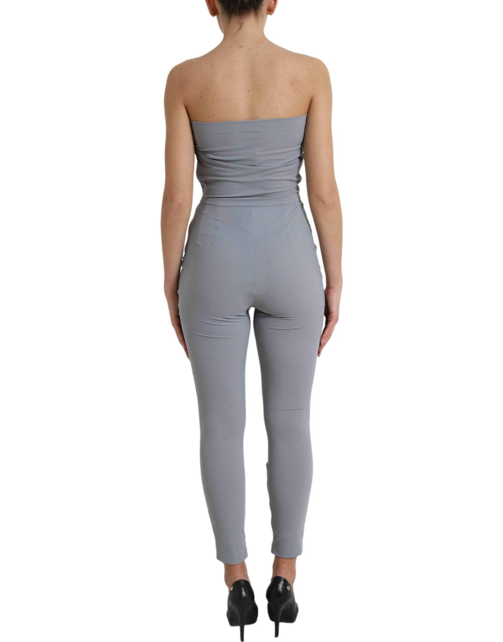 Gray Nylon Strapless Bodycon Jumpsuit Dress - ventzia