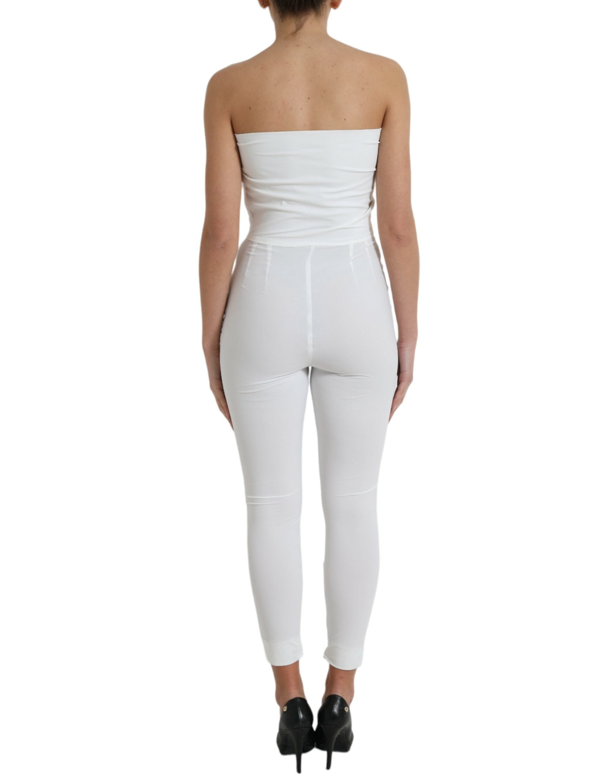 White Nylon Strapless Bodycon Jumpsuit Dress - ventzia