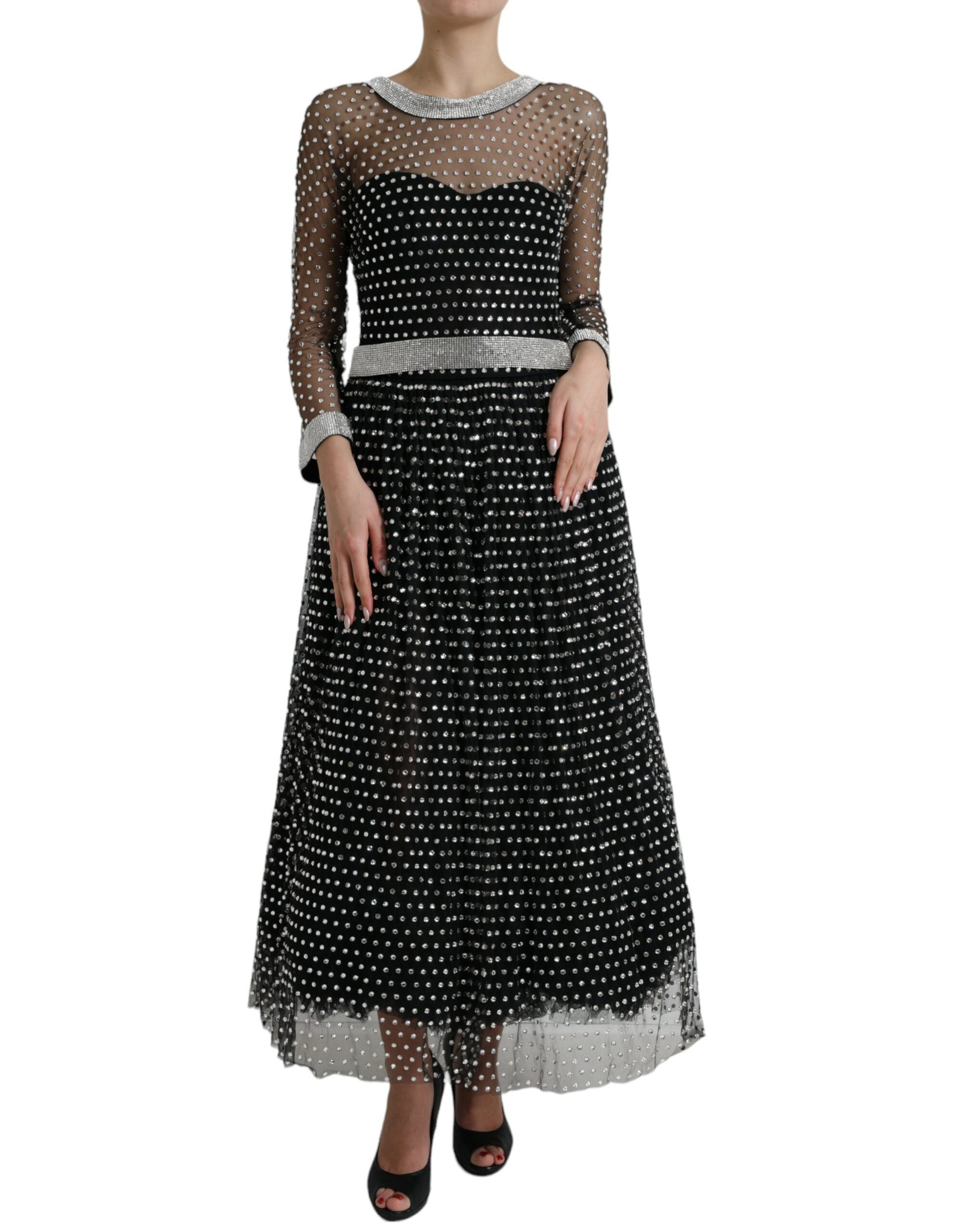Black Crystal Embellished A-line Gown Dress - ventzia