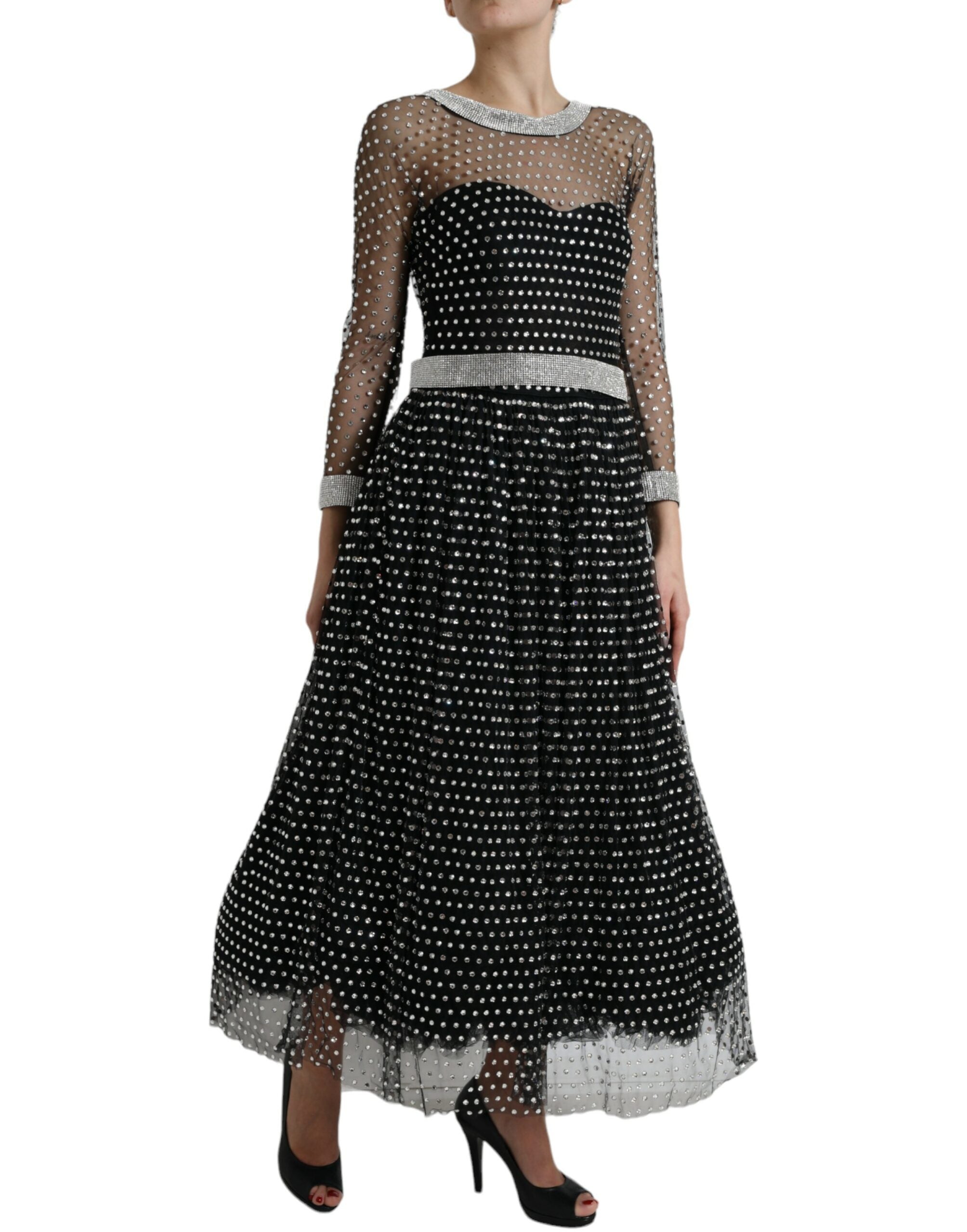 Black Crystal Embellished A-line Gown Dress - ventzia