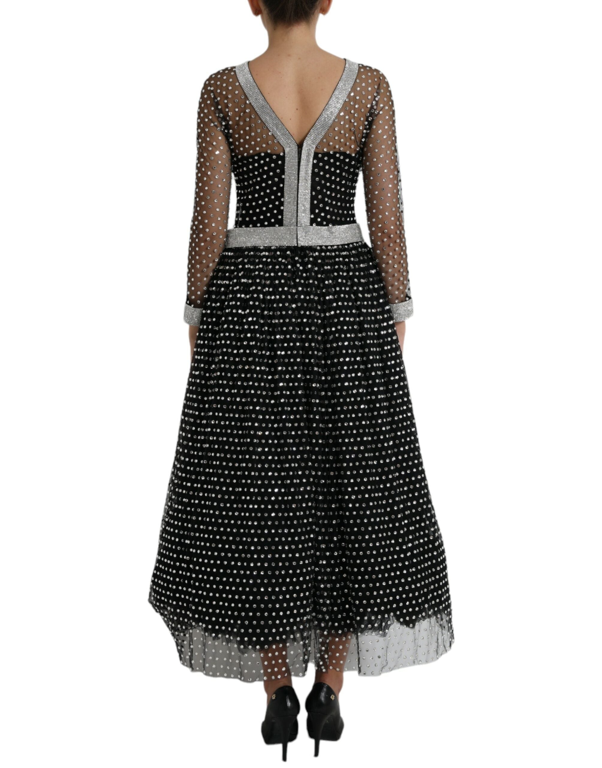 Black Crystal Embellished A-line Gown Dress - ventzia