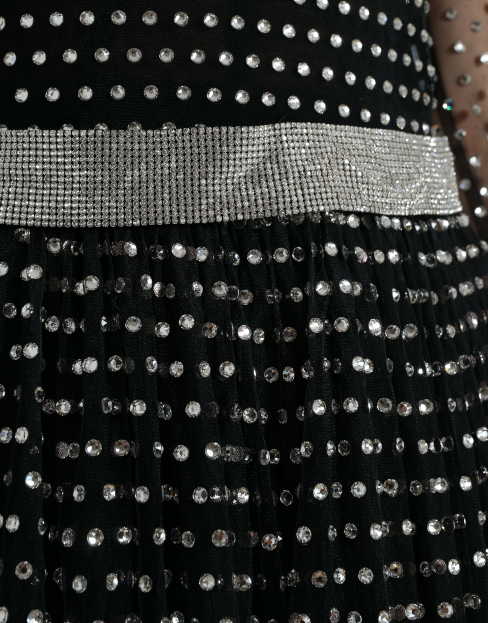 Black Crystal Embellished A-line Gown Dress - ventzia