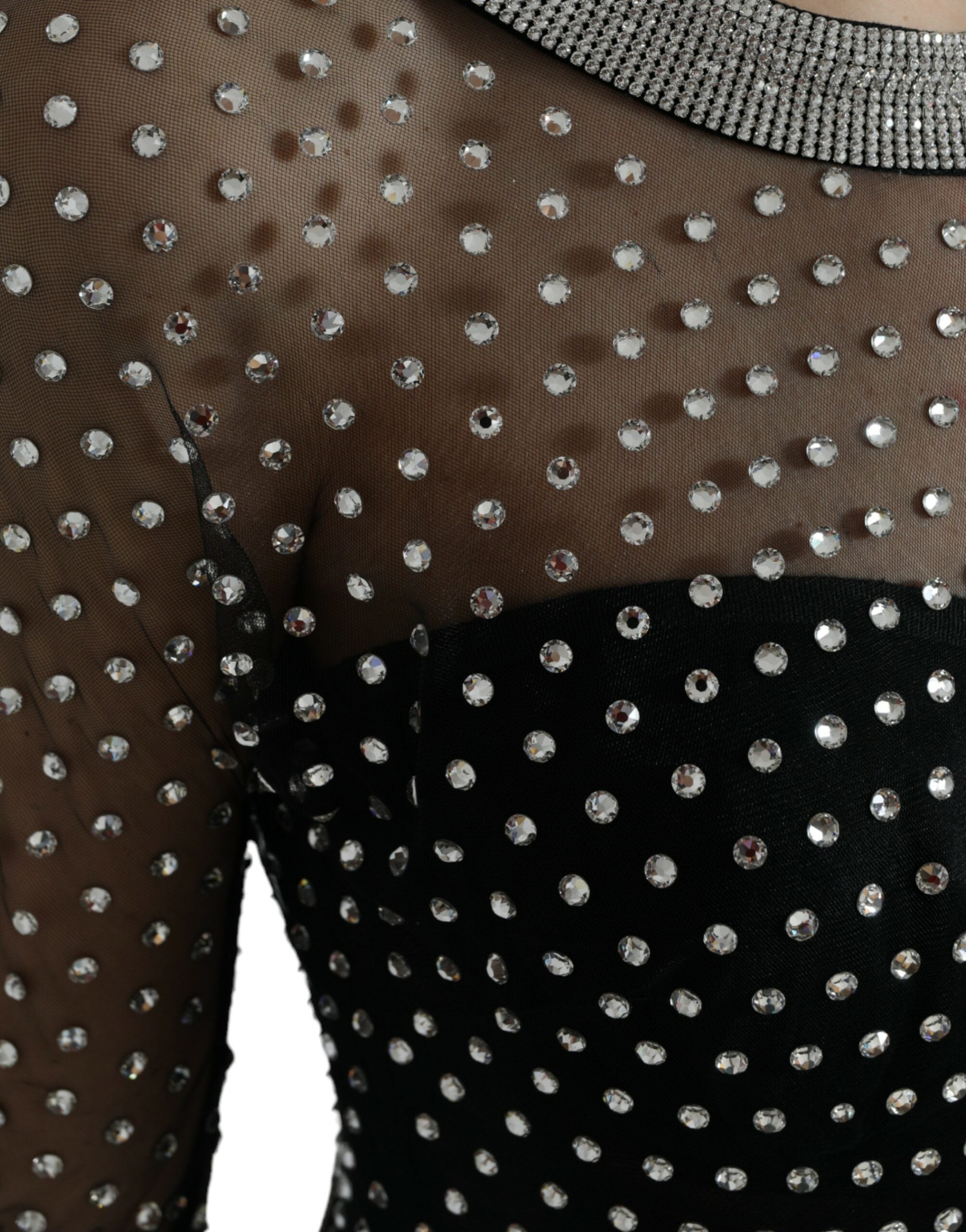 Black Crystal Embellished A-line Gown Dress - ventzia