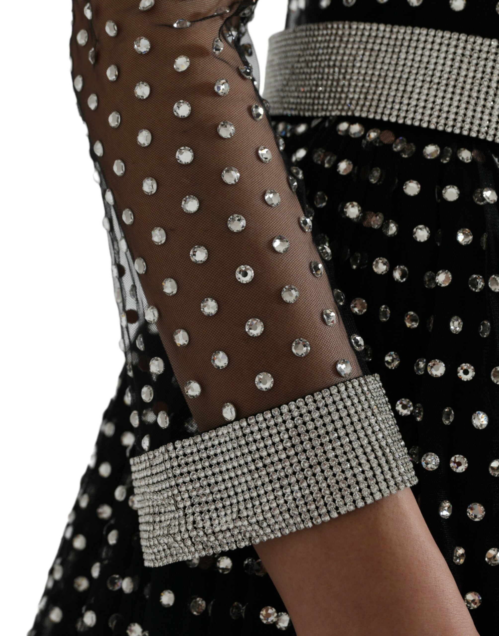 Black Crystal Embellished A-line Gown Dress - ventzia