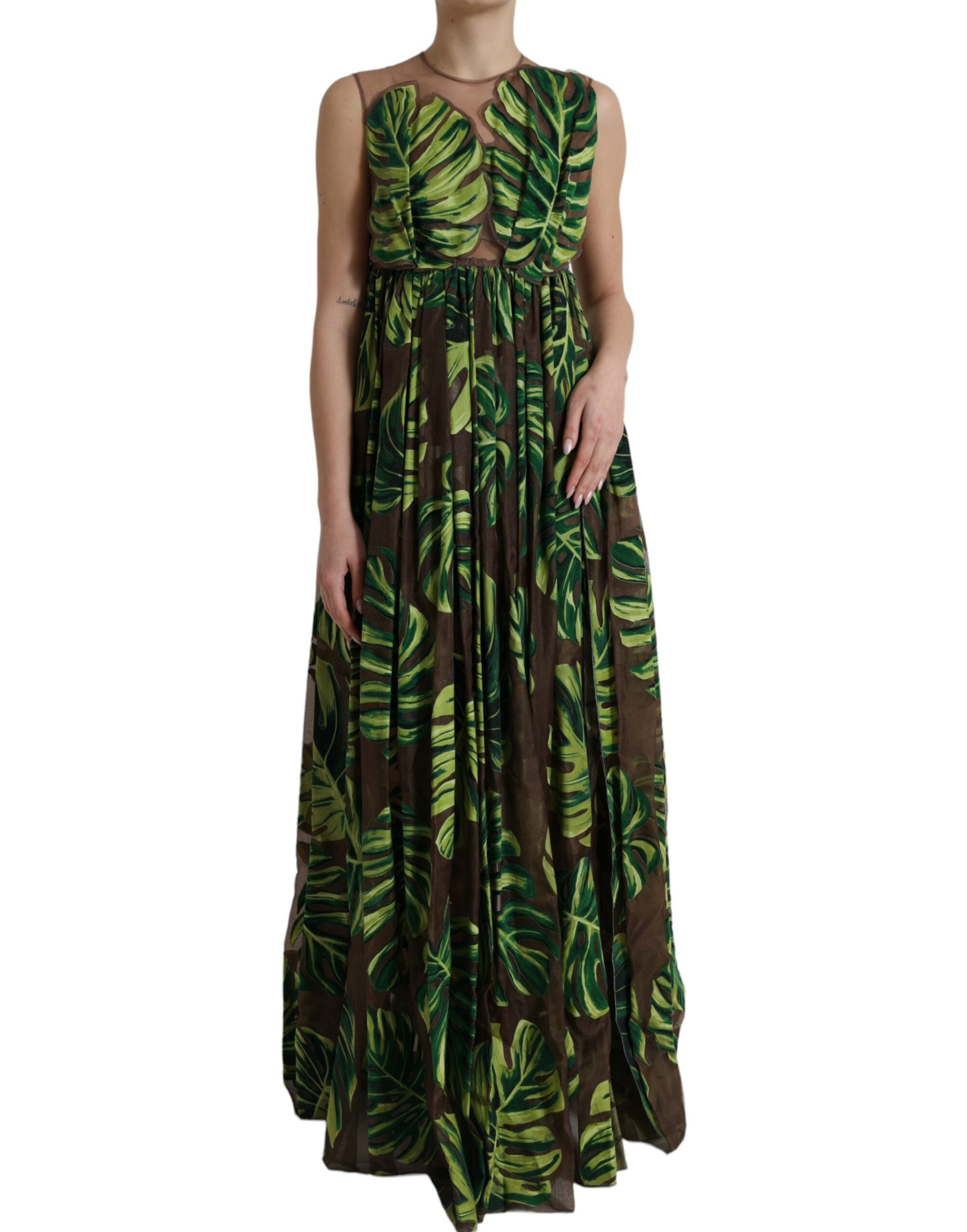 Green Banana Leaf Sleeveless Long Maxi Dress - ventzia
